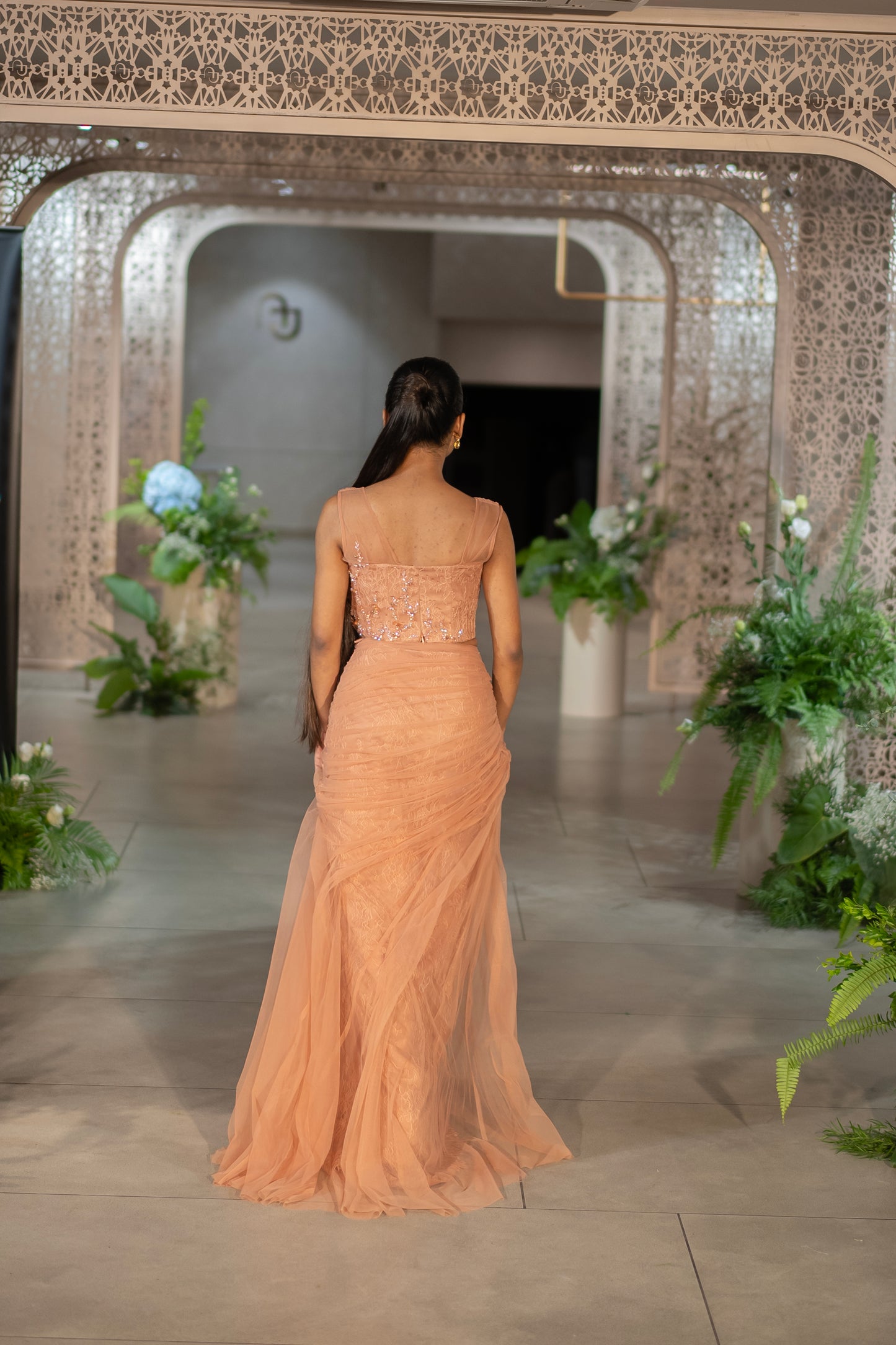 Apricot Peach Chantilly lace with Net Draped Top and Draped Skirt