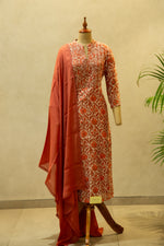 Brick Red Chanderi Semi Stitched Salwar Set