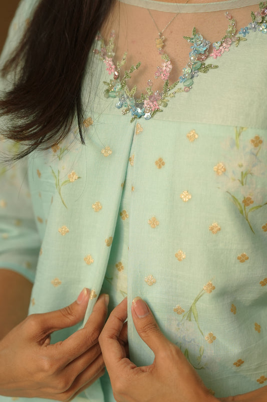 Aqua blue printed chanderi frock