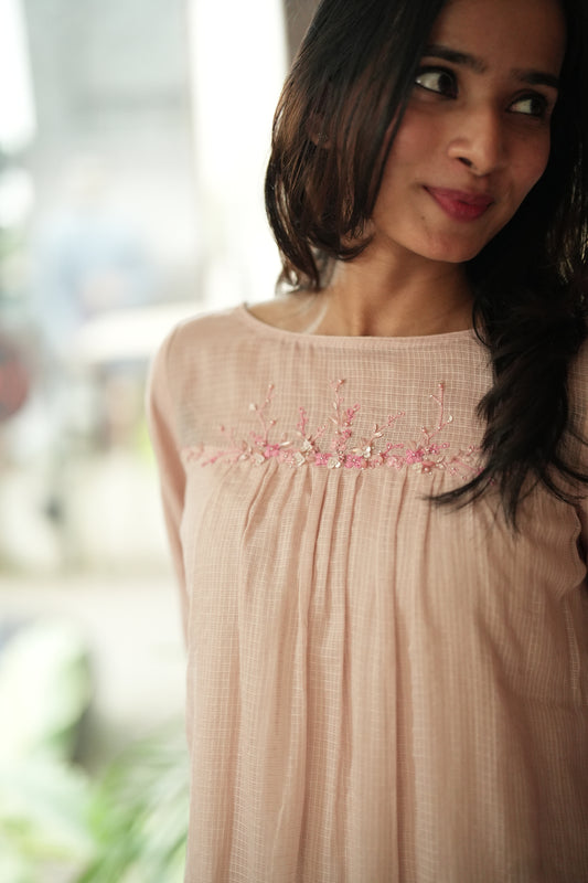 peach colour printed cotta frock