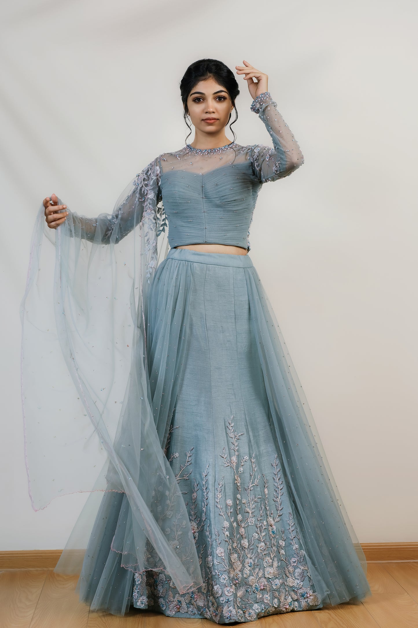 Paris pale grey-blue lehenga