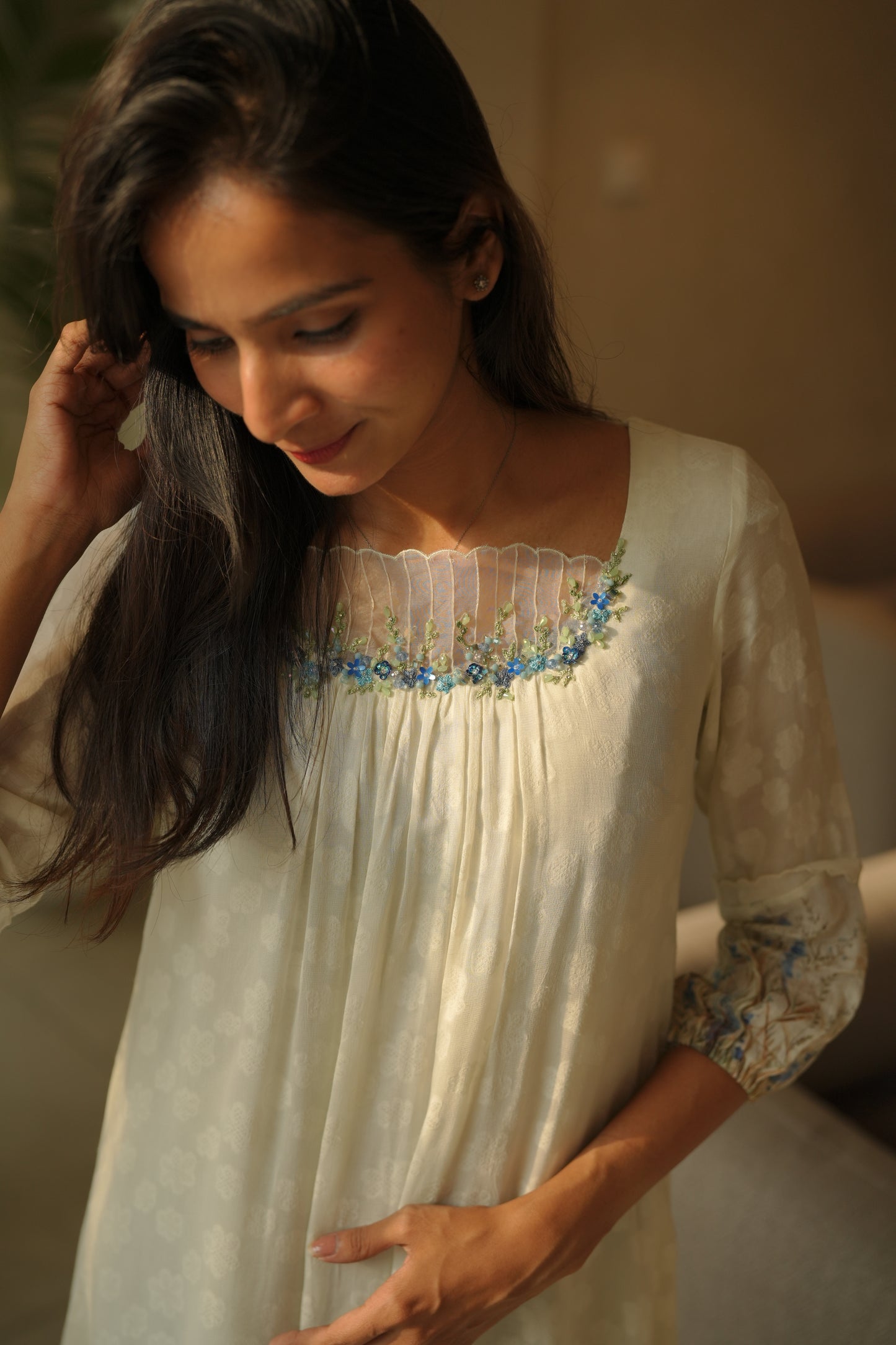 pale pistachio with blue florals frock