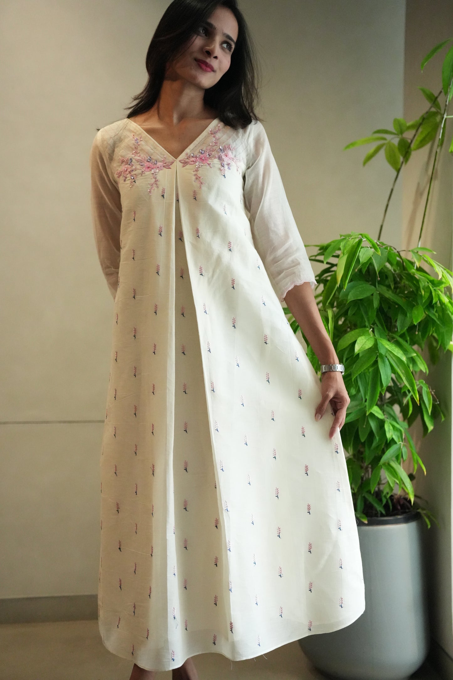 Off white frock with floral embroidery