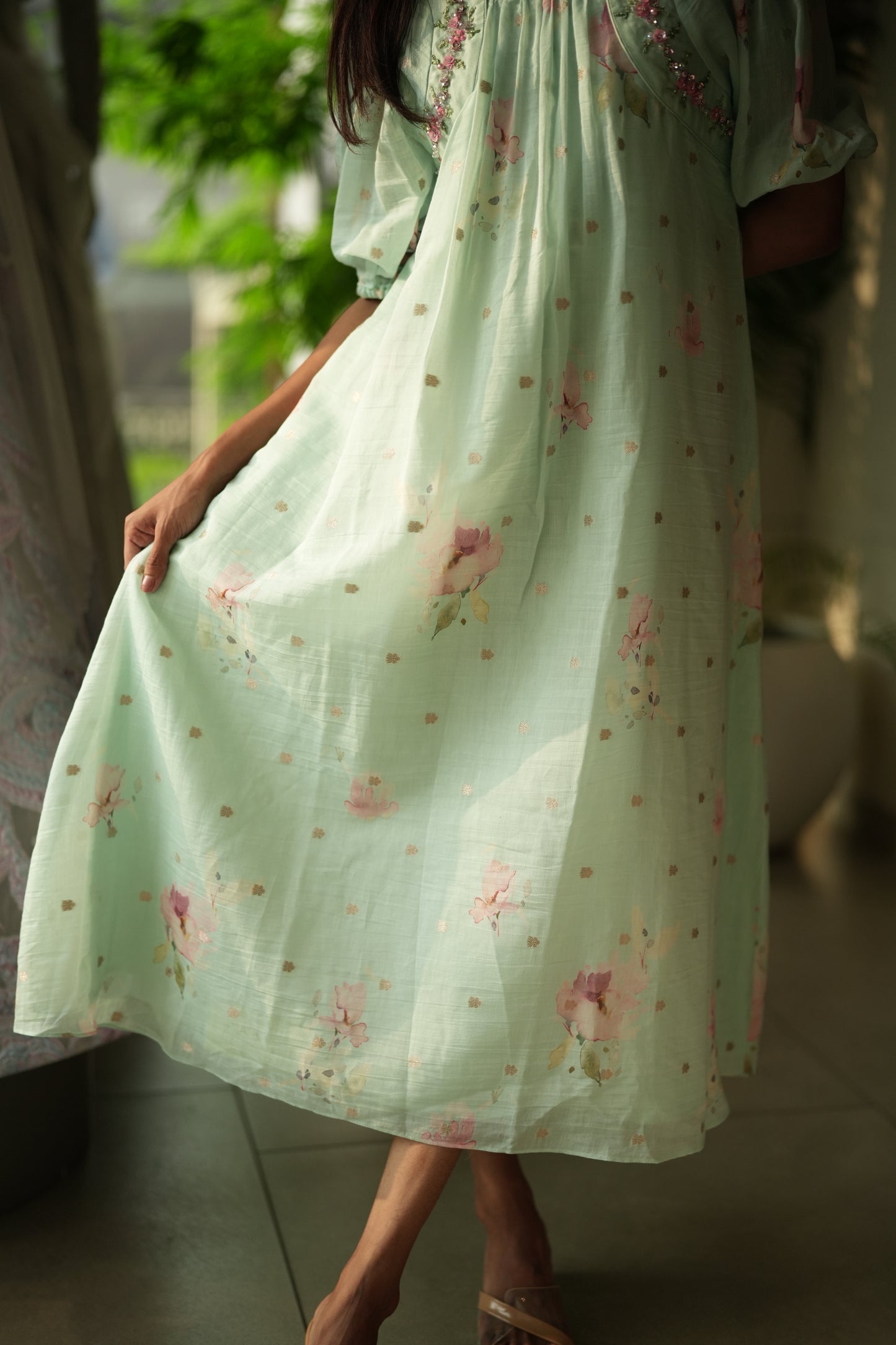 Chanderi printed with zari buta weaving