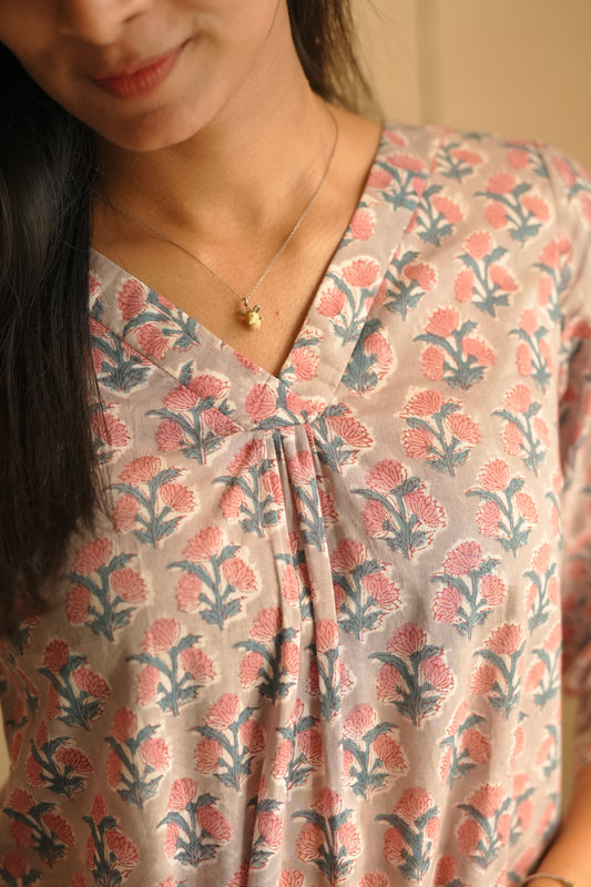Grey floral printed cotton frock