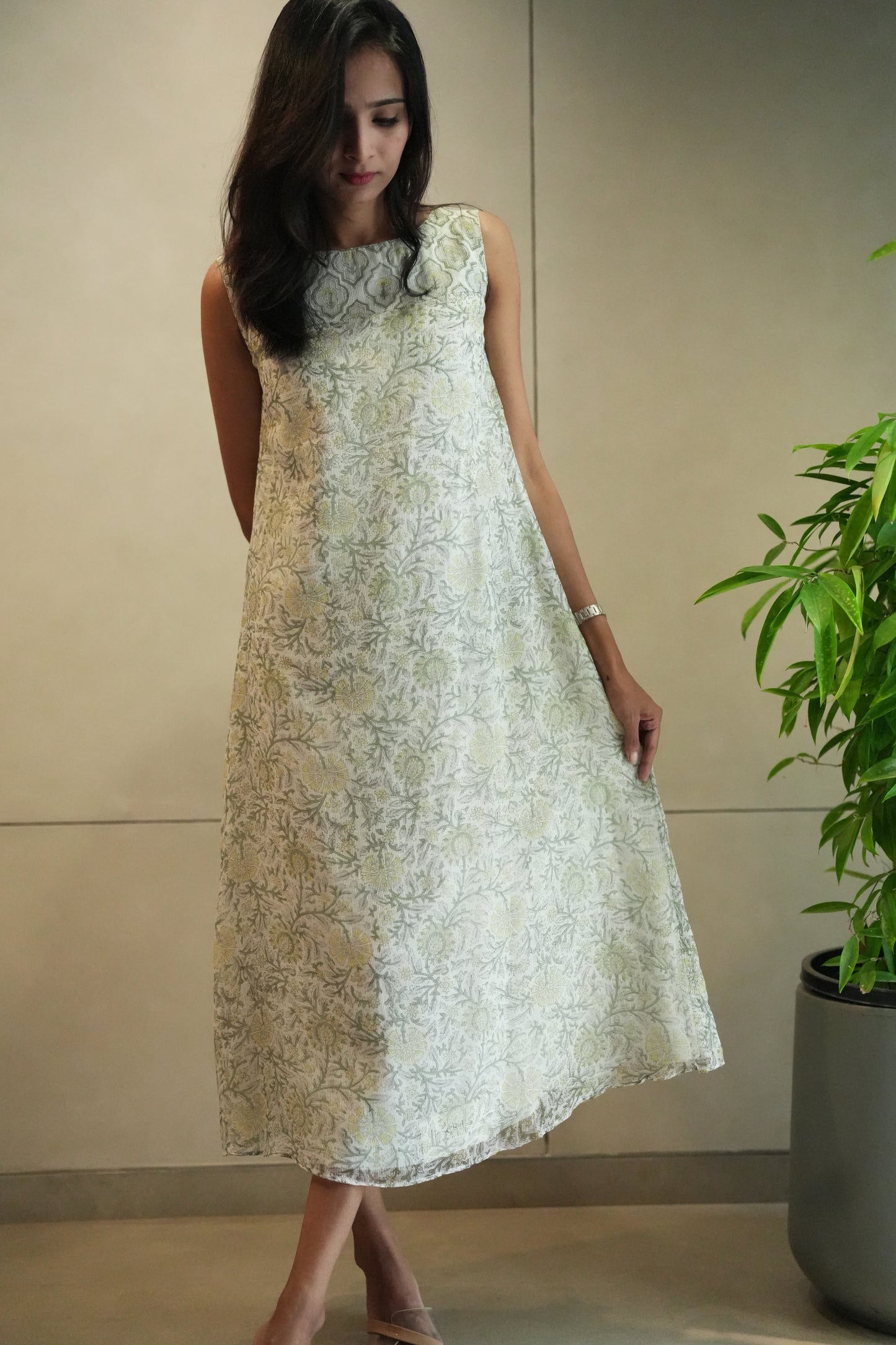 Off white with yellow and green printed kotta