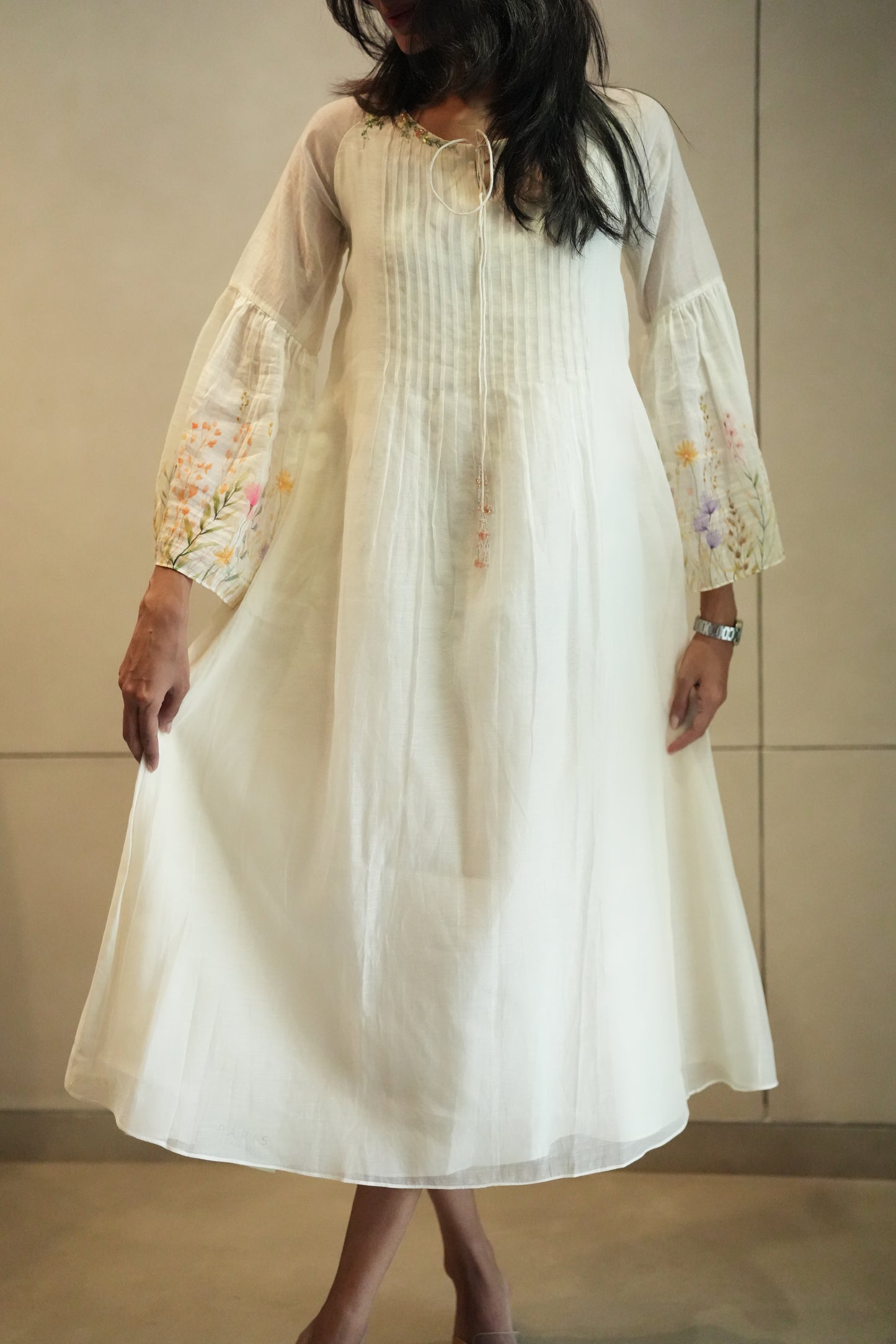 Off white chanderi frock with pink tuck and gathered floral sleeves