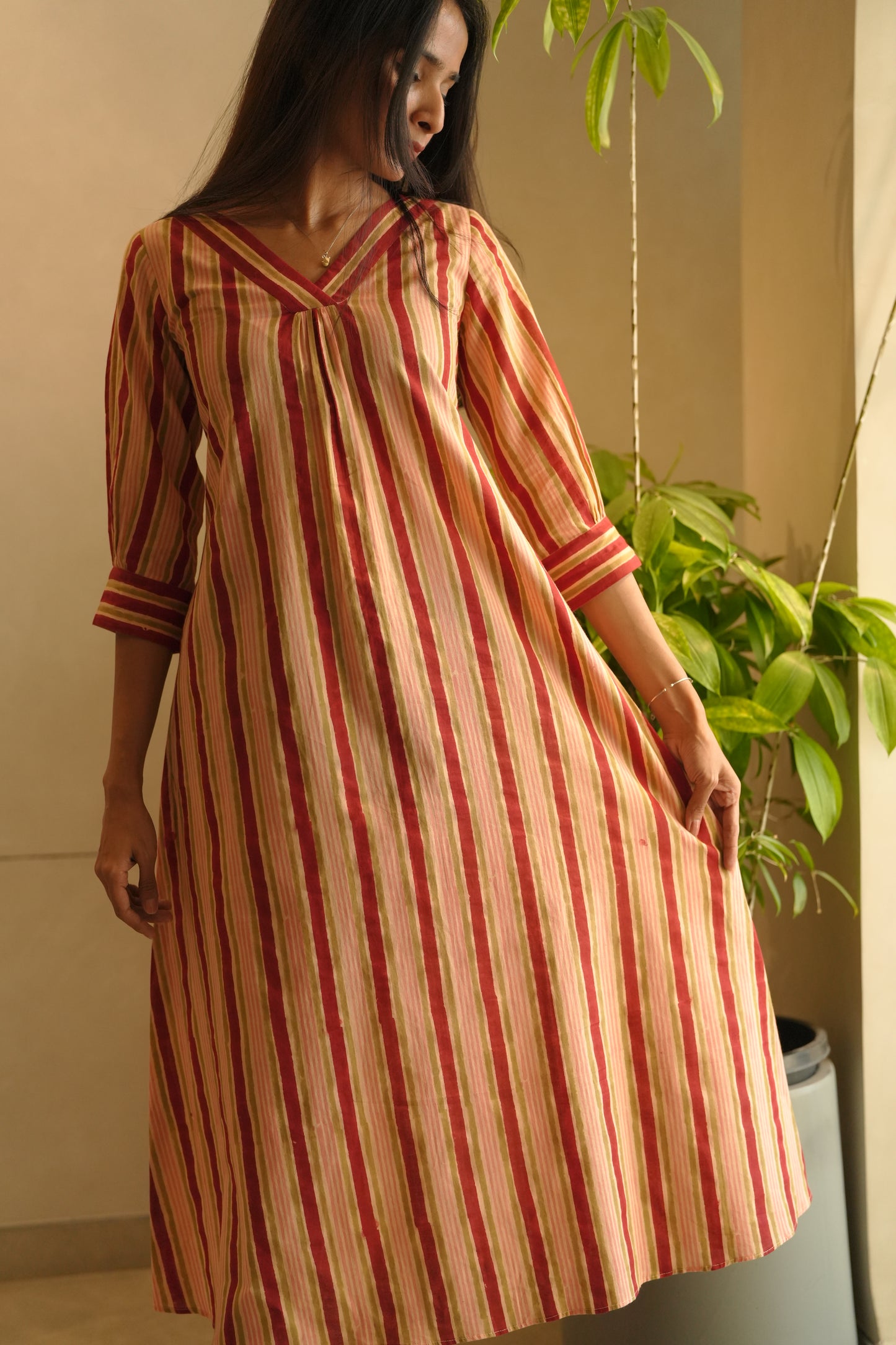 Peach striped cotton frock