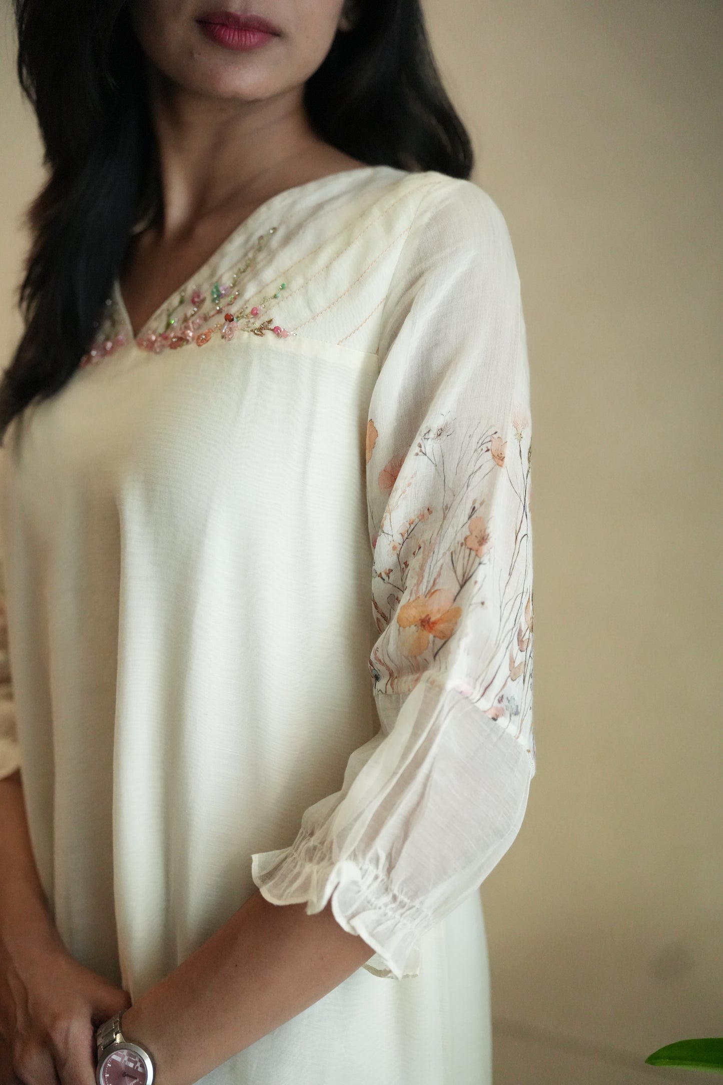 Off white Chanderi frock with floral printed sleeves