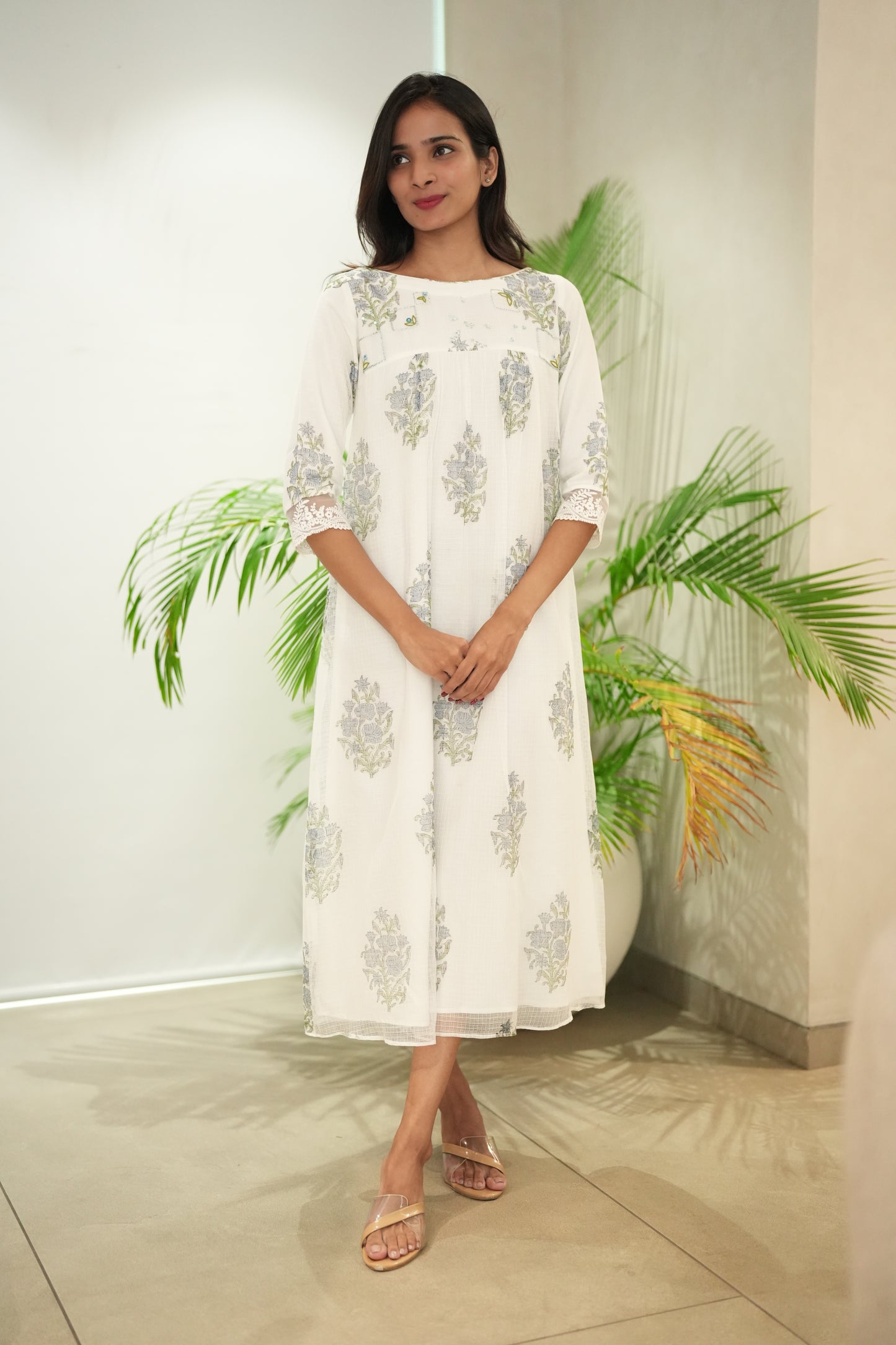 White Printed Kota Frock