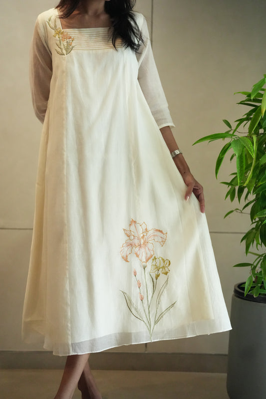 Off white Chanderi frock with pleated yoke and floral embroidery
