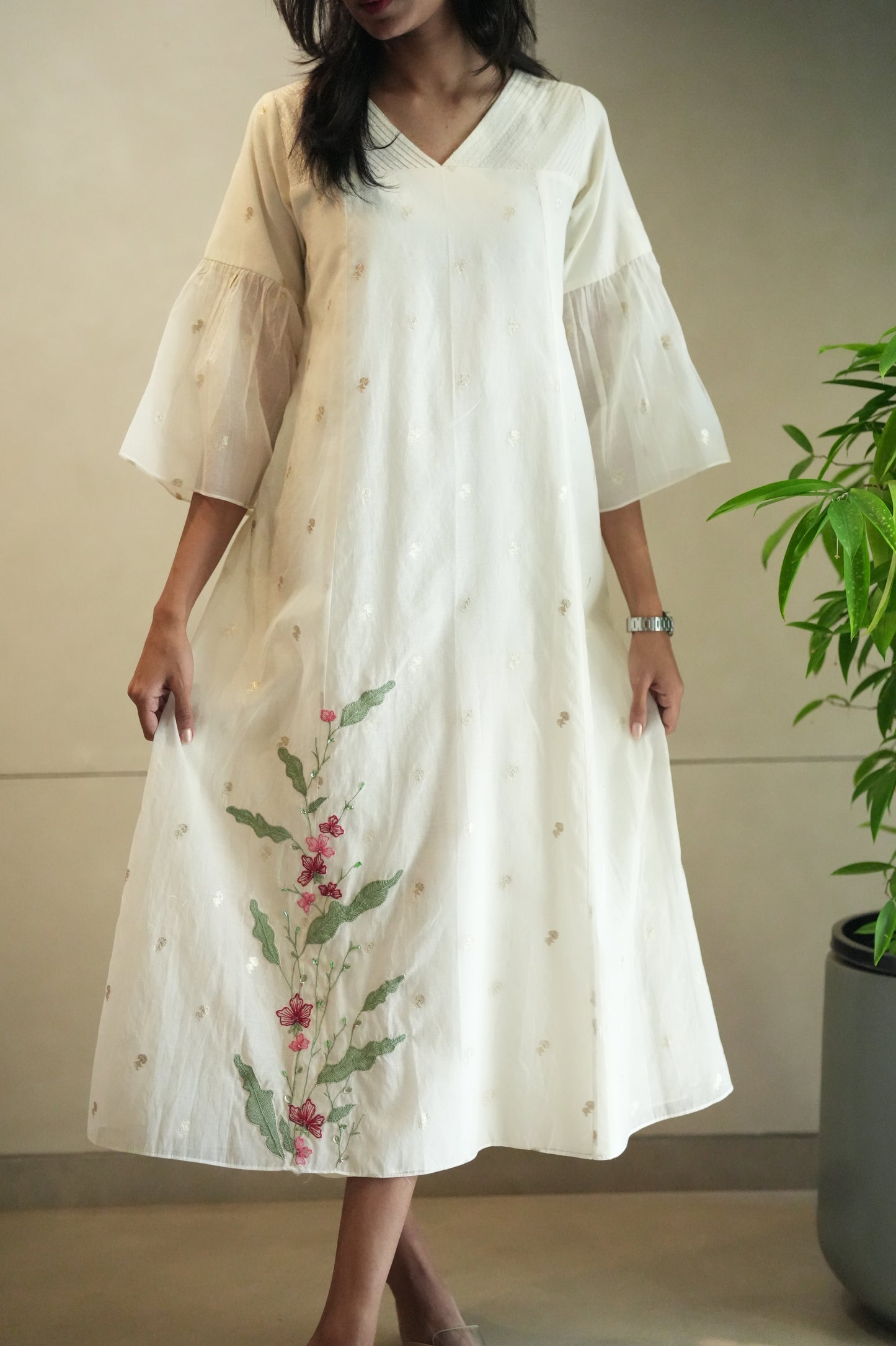 chanderi golden butta frock
