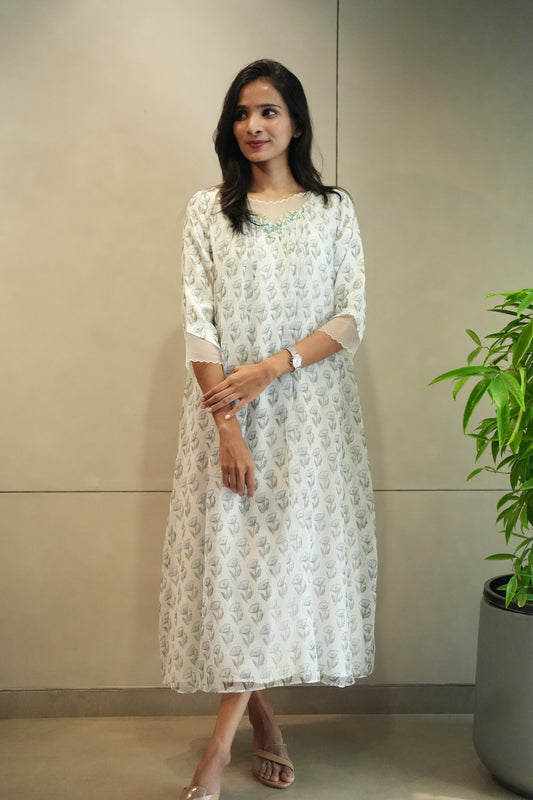 White with blue floral kota print