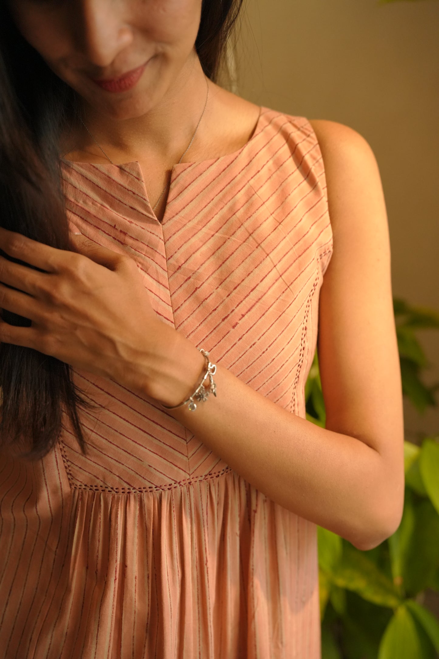 peach striped cotton sleeveless frock