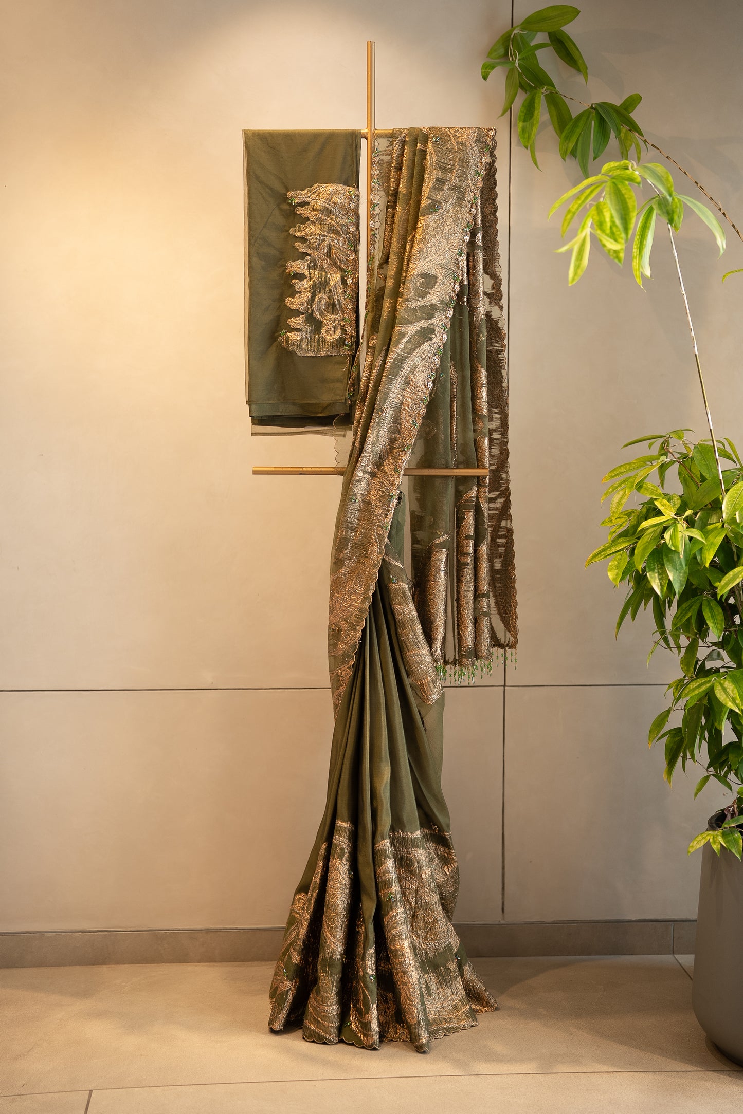 Olive green turkish organza saree