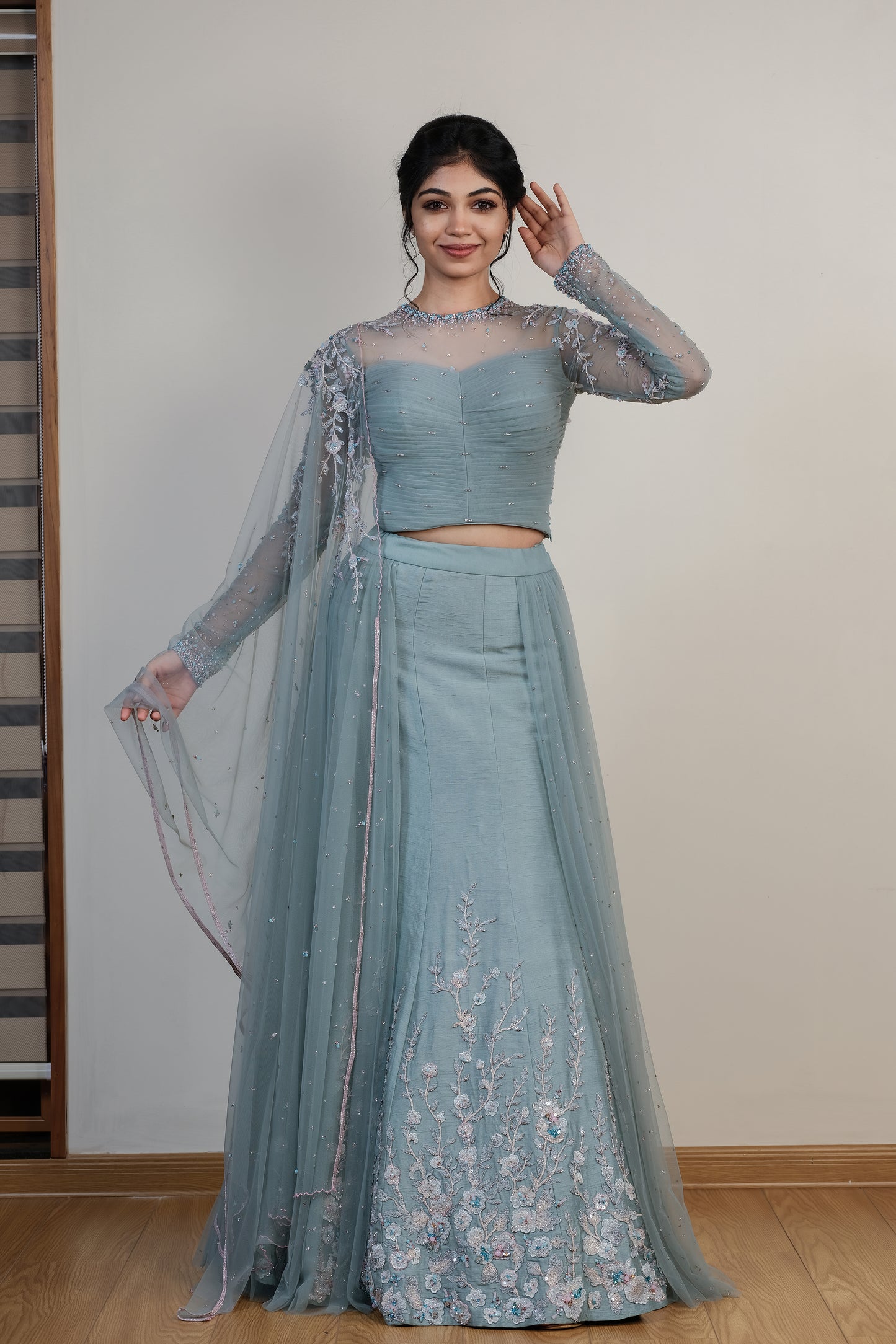 Paris pale grey-blue lehenga