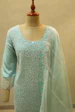 Aqua Blue Net Lace Semi- Stitched Salwar Set