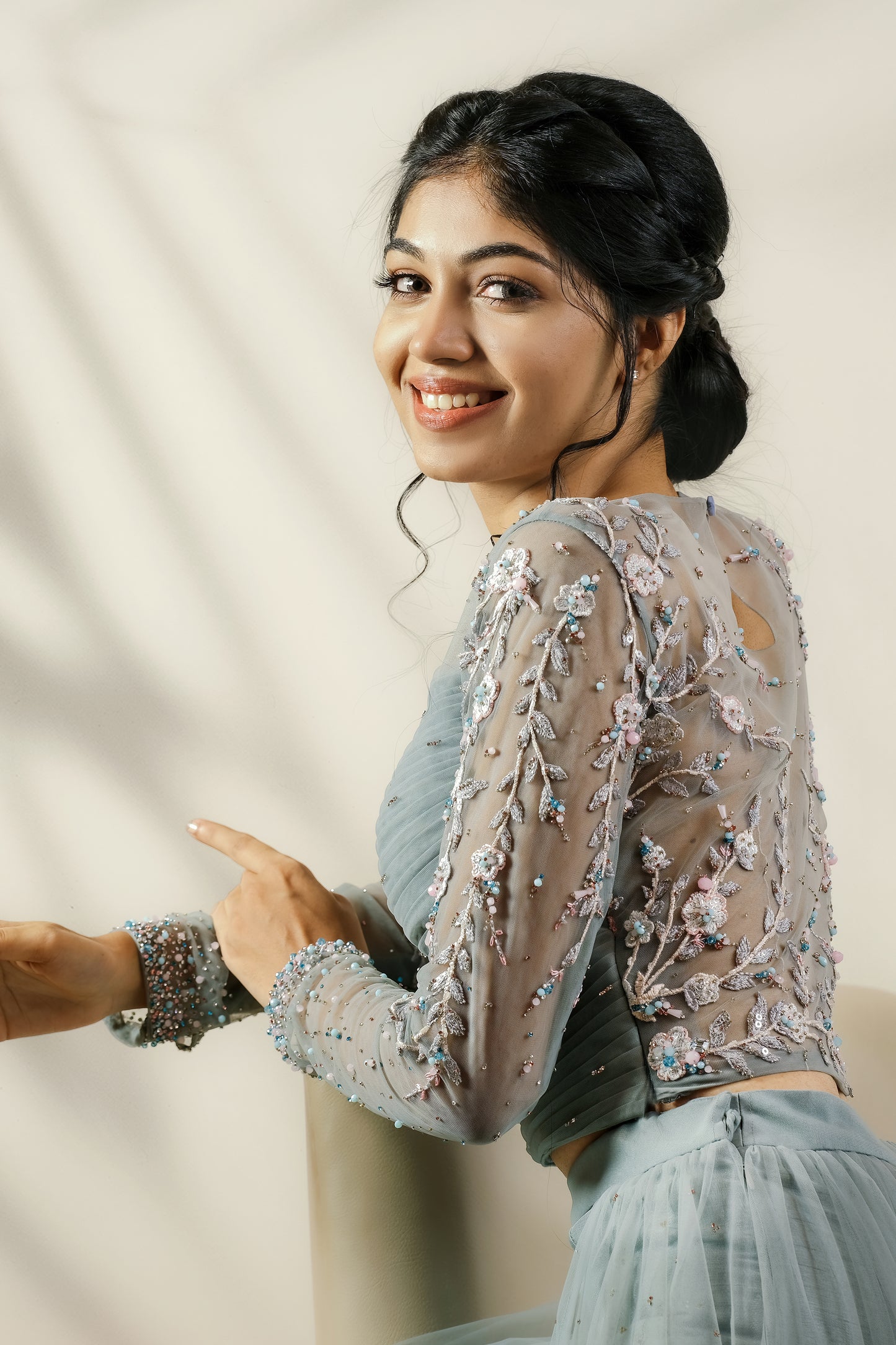Paris pale grey-blue lehenga