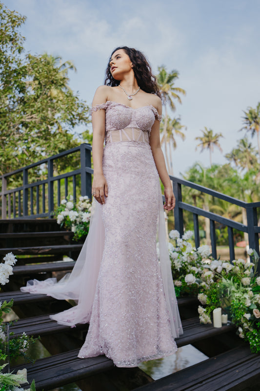 Paris pink corseted gown with glistening crystals and gems