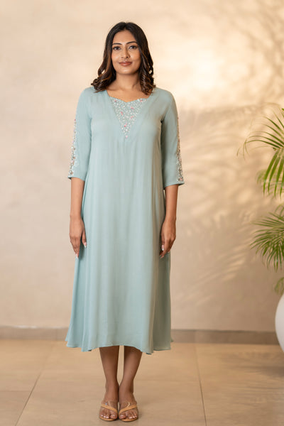 Hand Embroidered Coral Blue Kurti