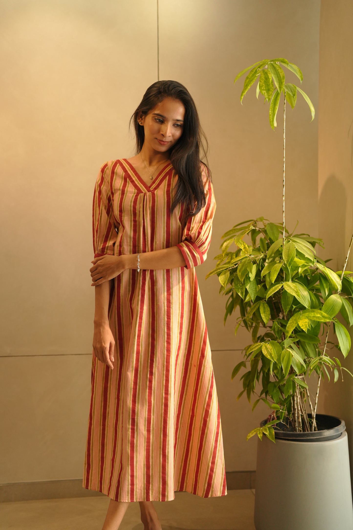 Peach striped cotton frock