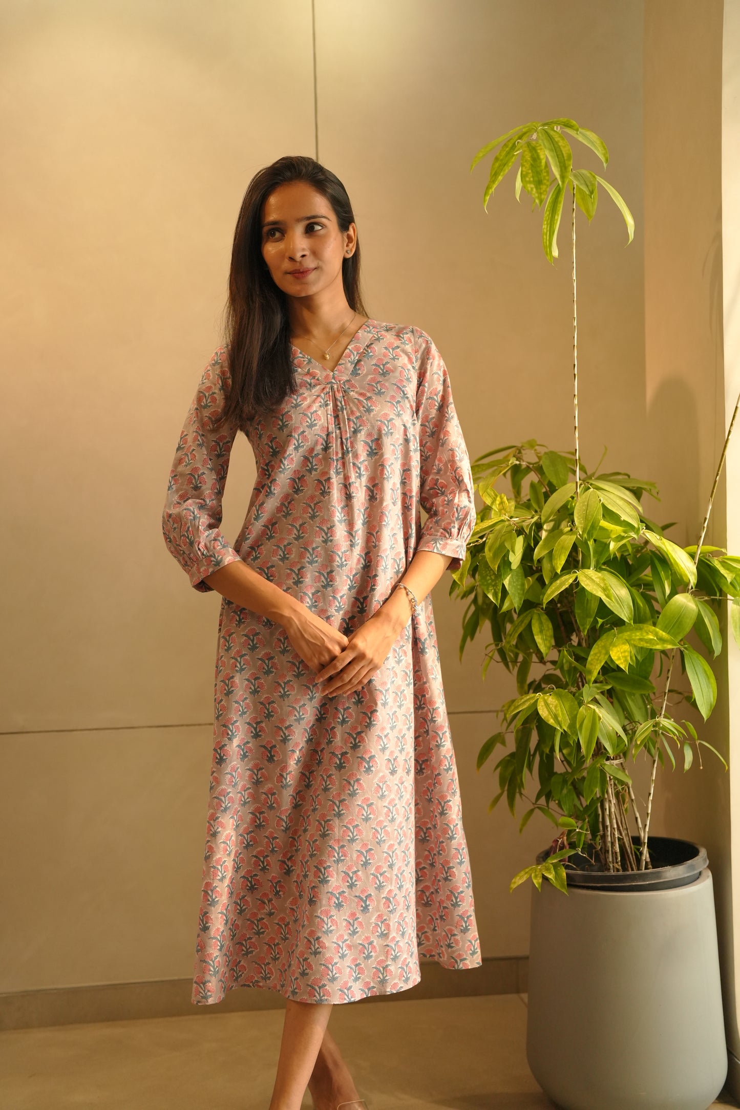 Grey floral printed cotton frock