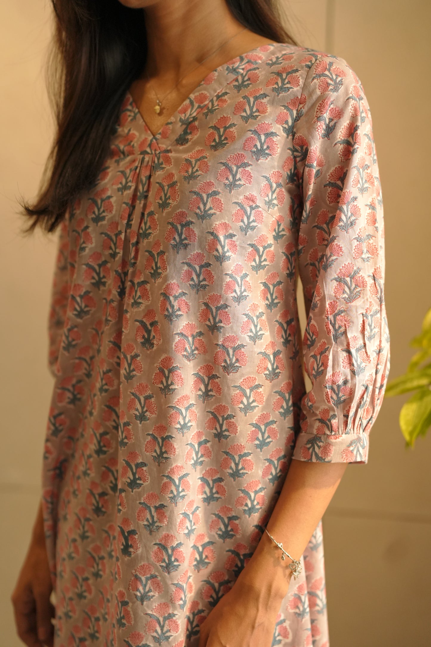Grey floral printed cotton frock