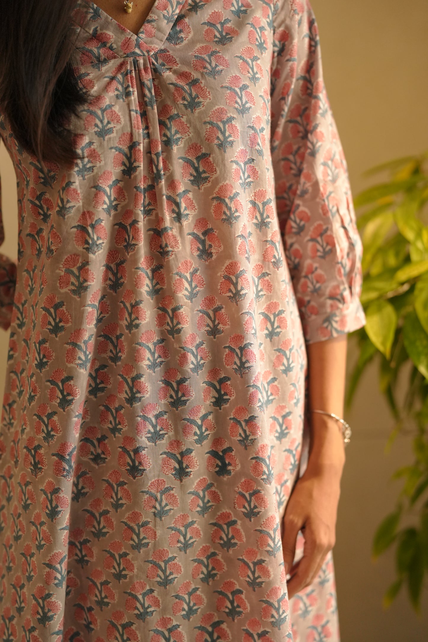 Grey floral printed cotton frock