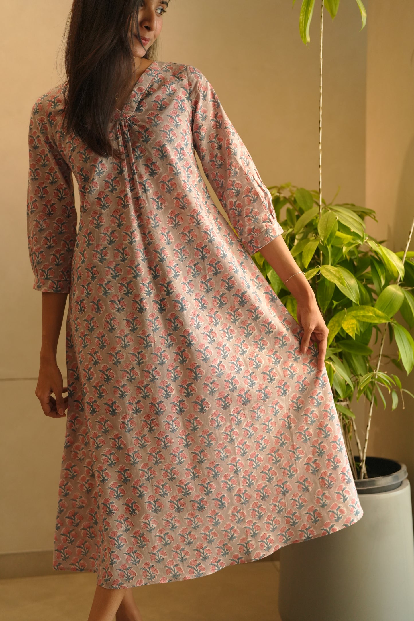 Grey floral printed cotton frock