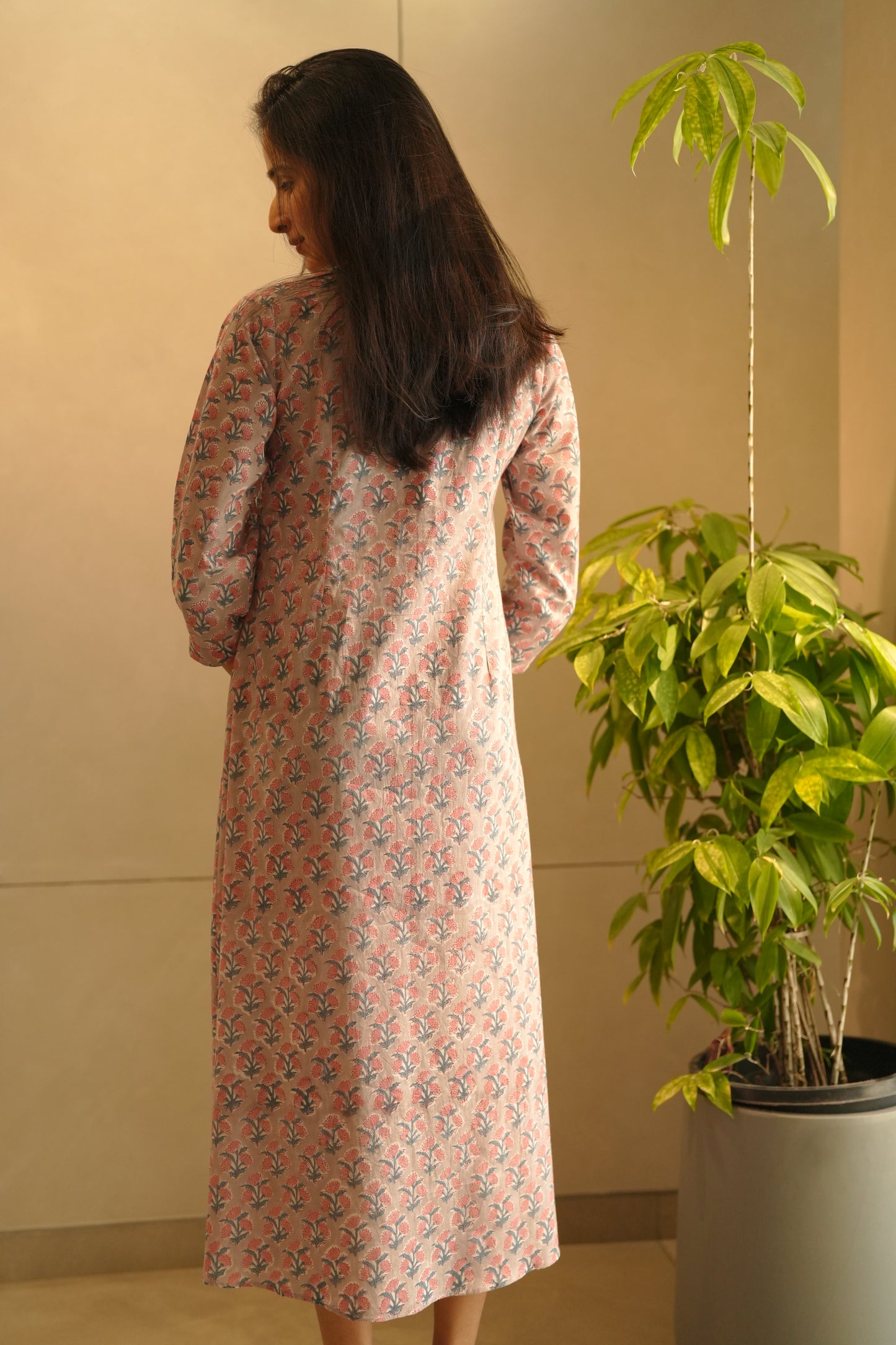 Grey floral printed cotton frock