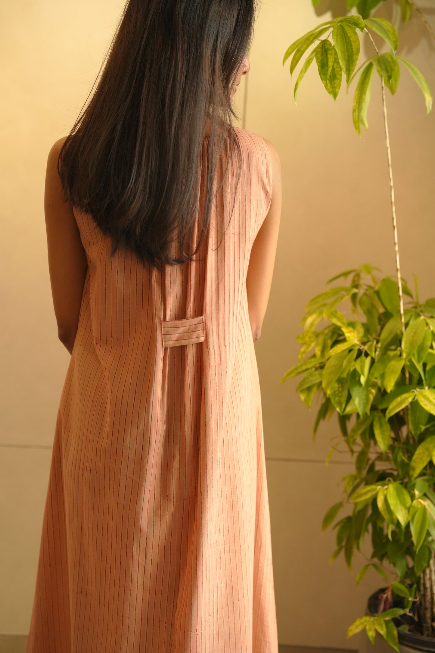 peach striped cotton sleeveless frock