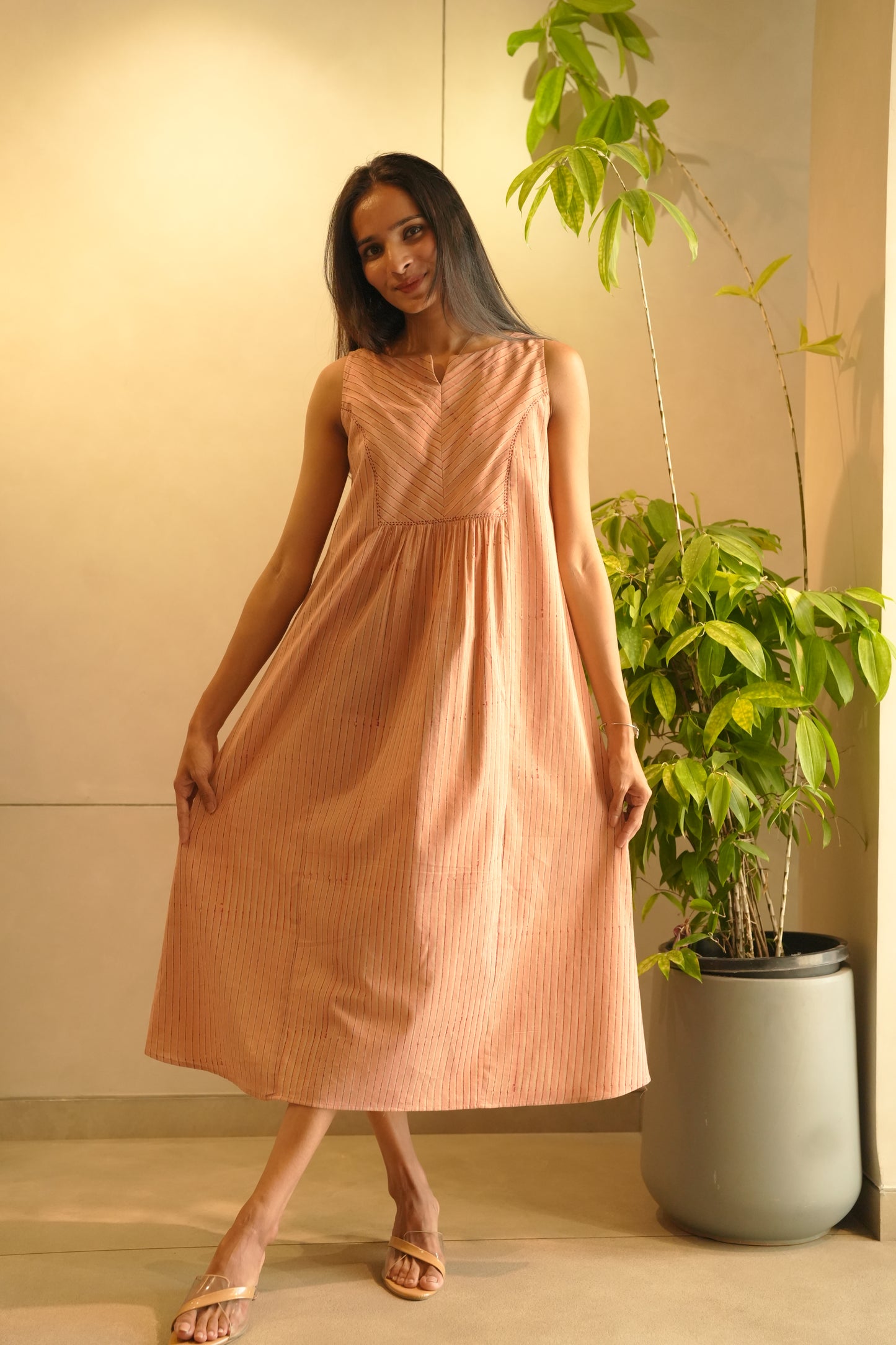 peach striped cotton sleeveless frock