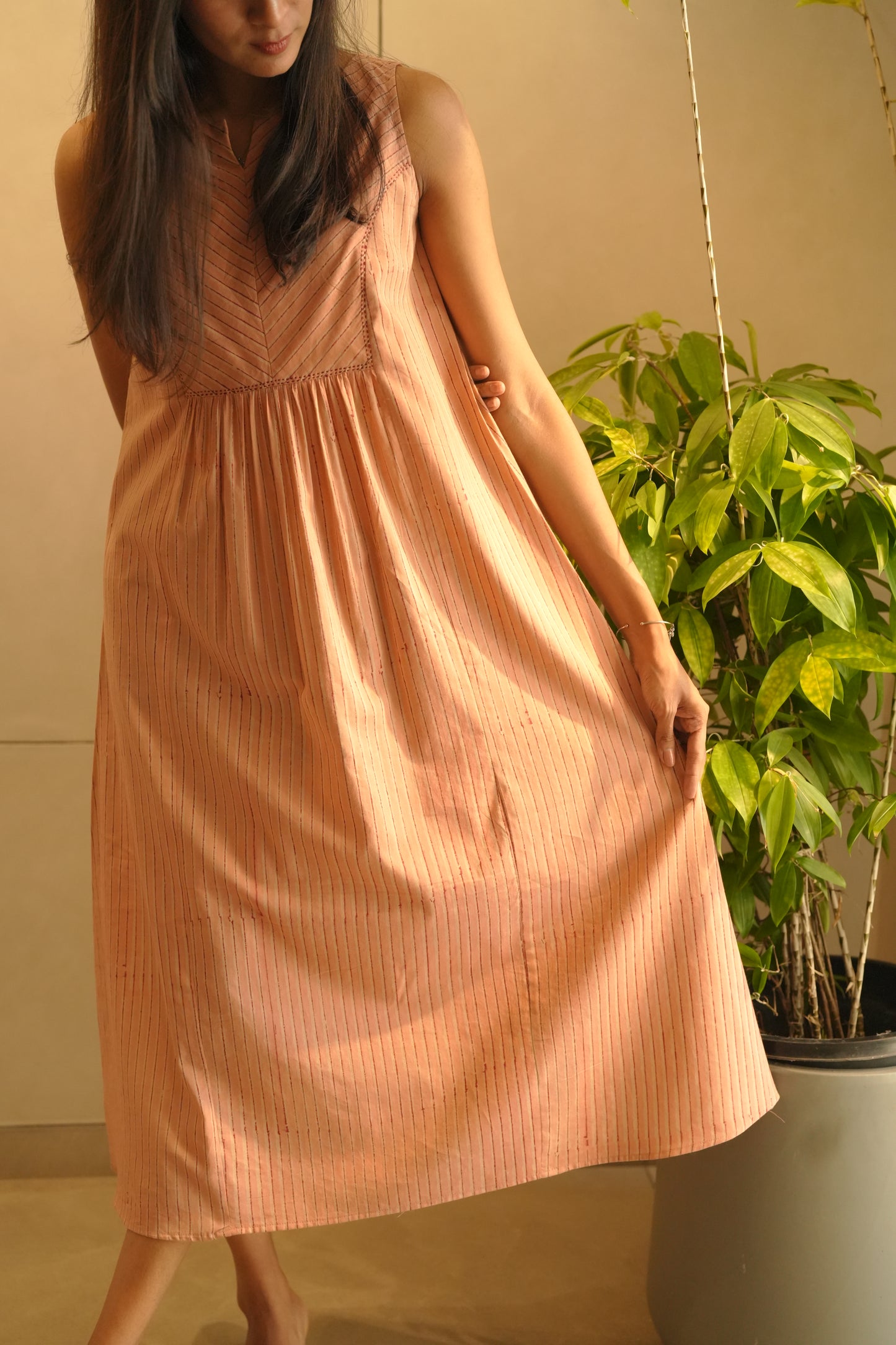 peach striped cotton sleeveless frock