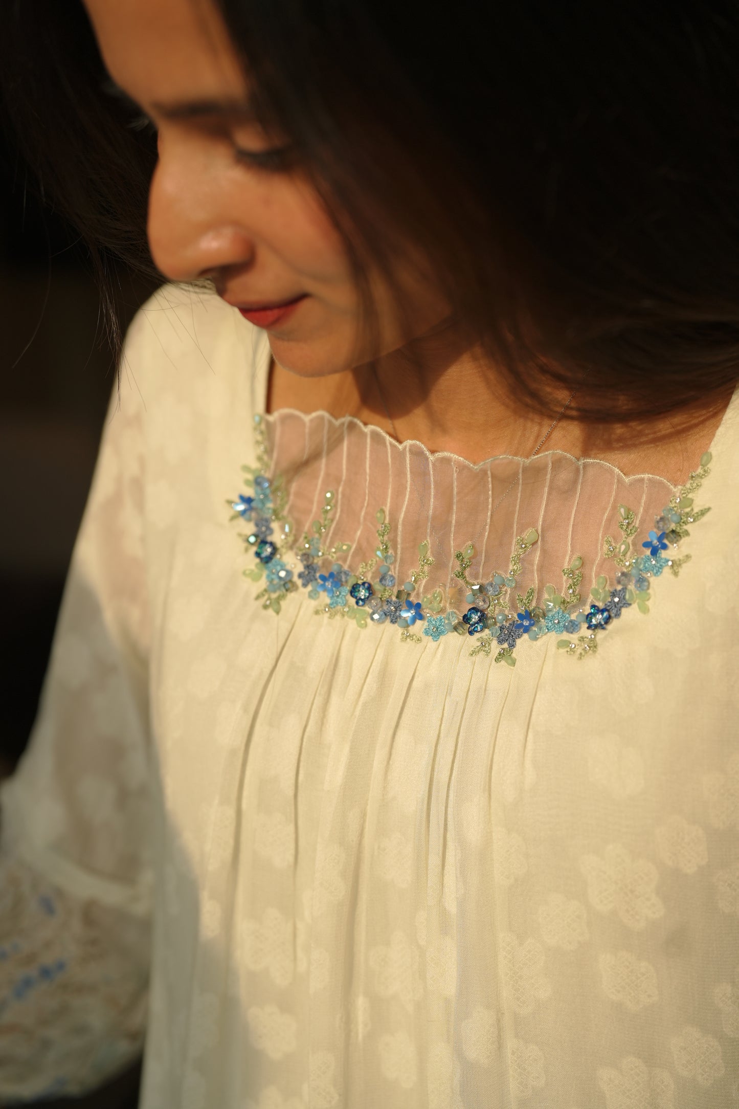 pale pistachio with blue florals frock