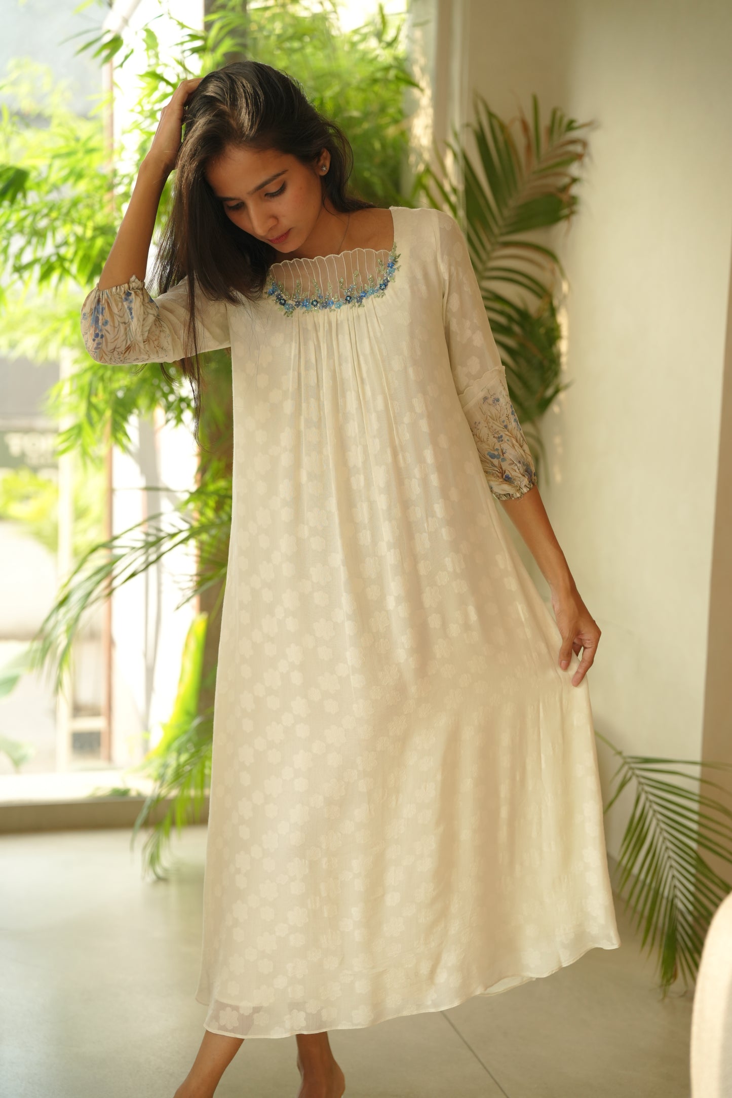 pale pistachio with blue florals frock