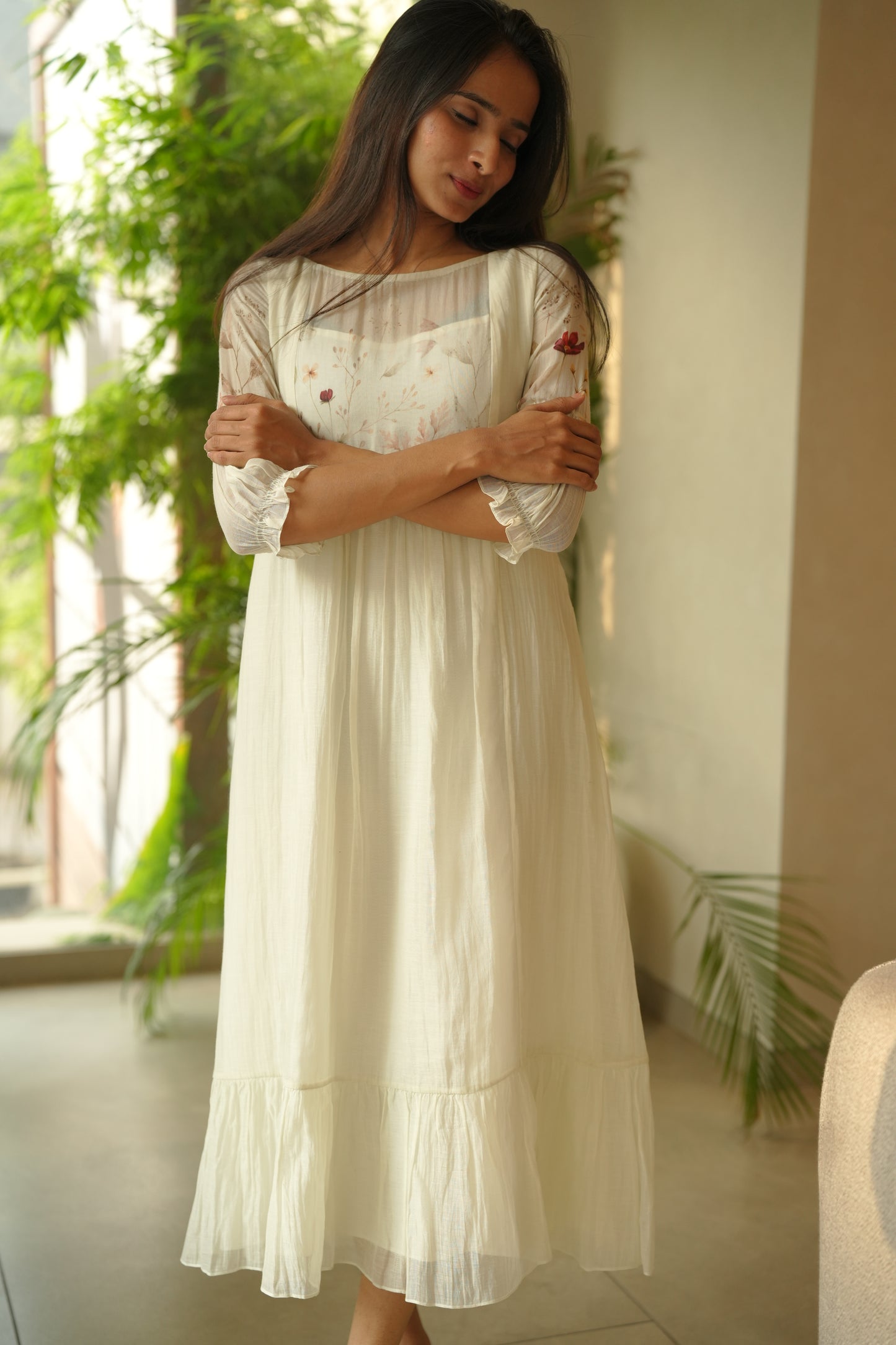 Pale green printed chanderi frock