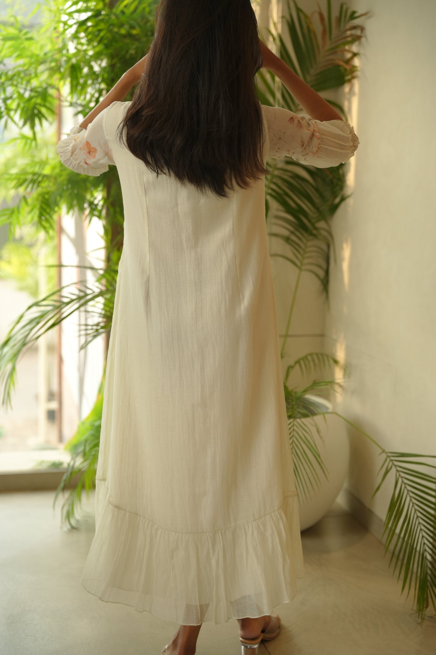 Pale green printed chanderi frock
