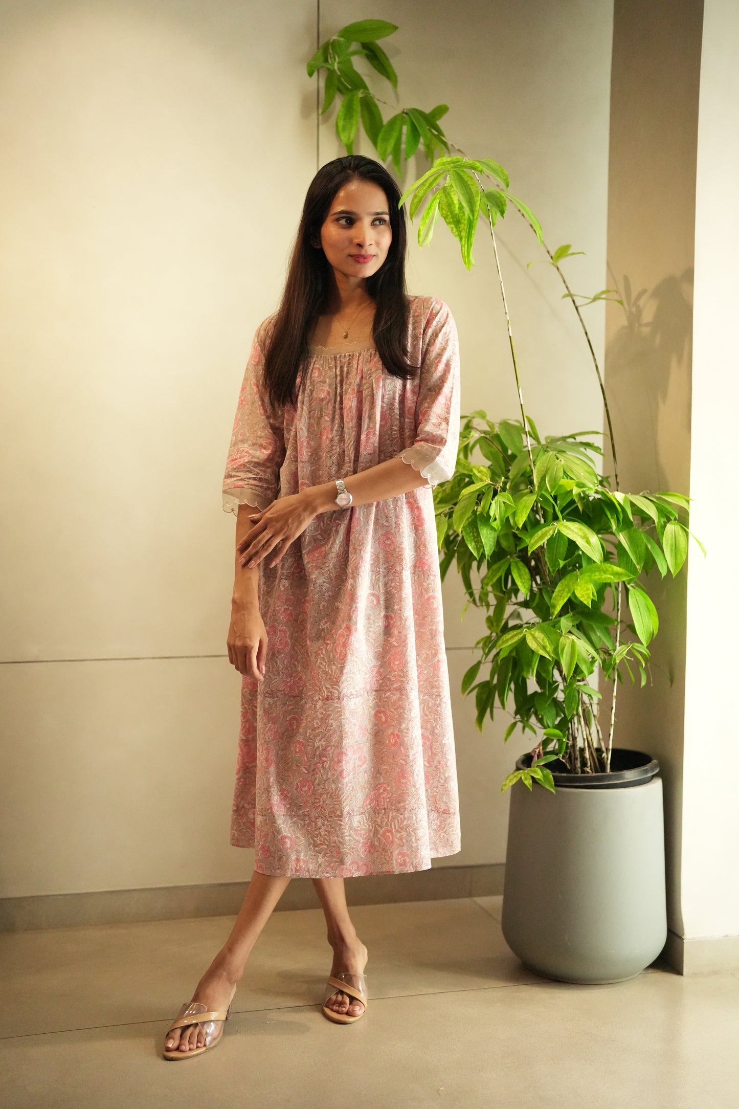 pink and ash printed cotton Top