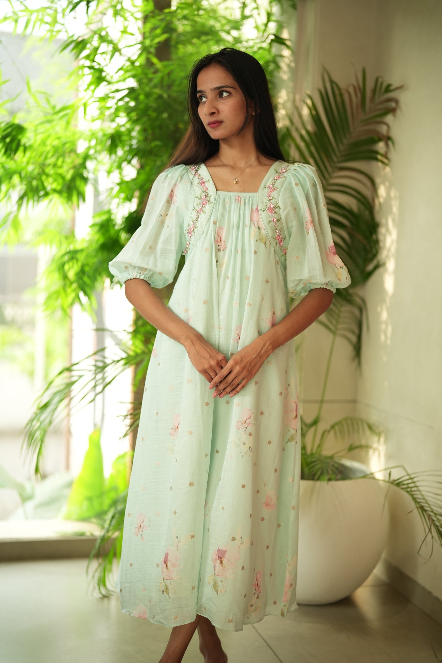 Chanderi printed with zari buta weaving