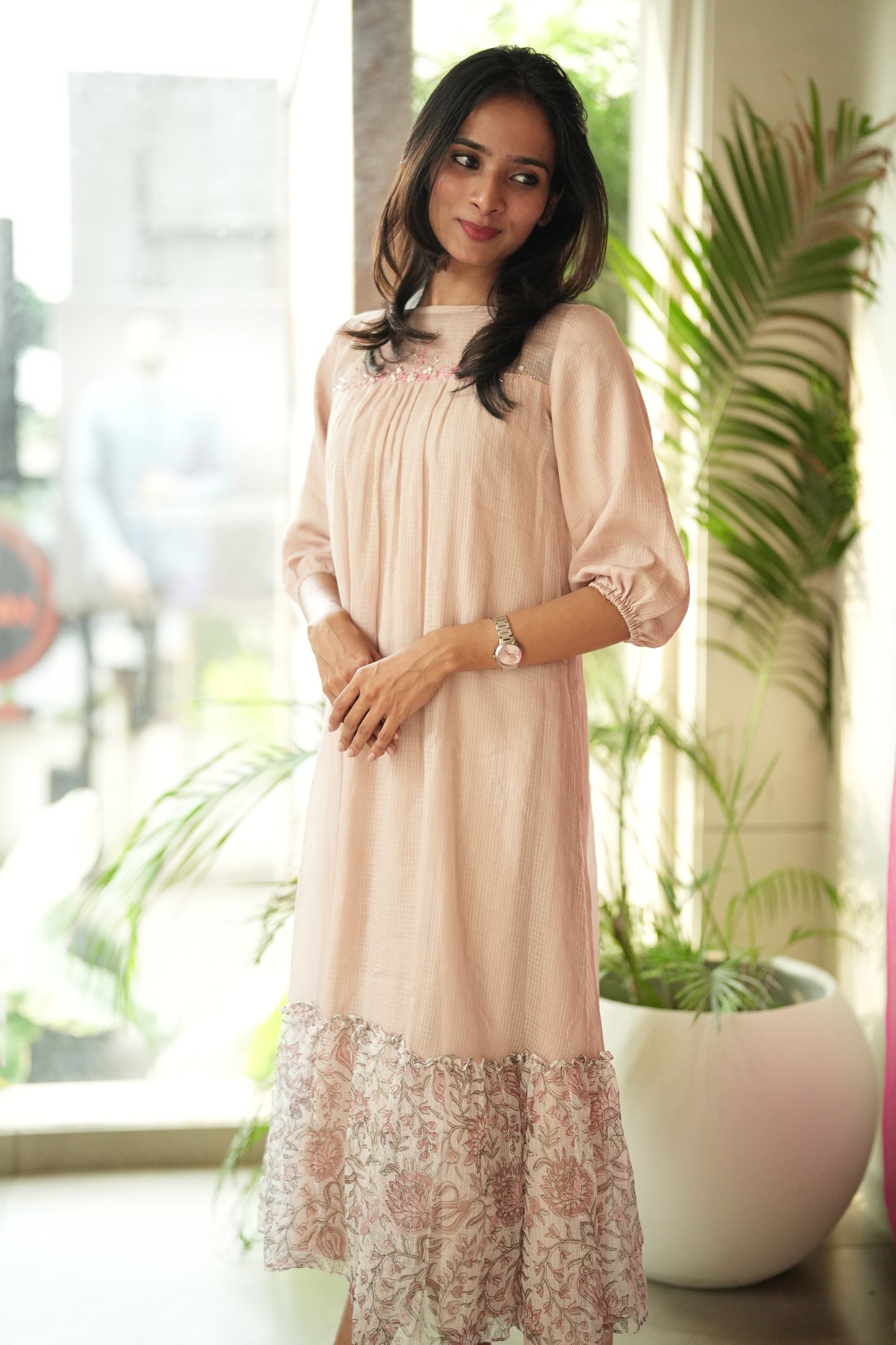 peach colour printed cotta frock