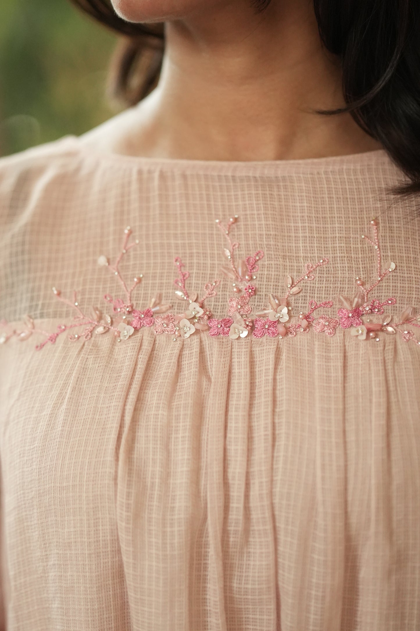 peach colour printed cotta frock