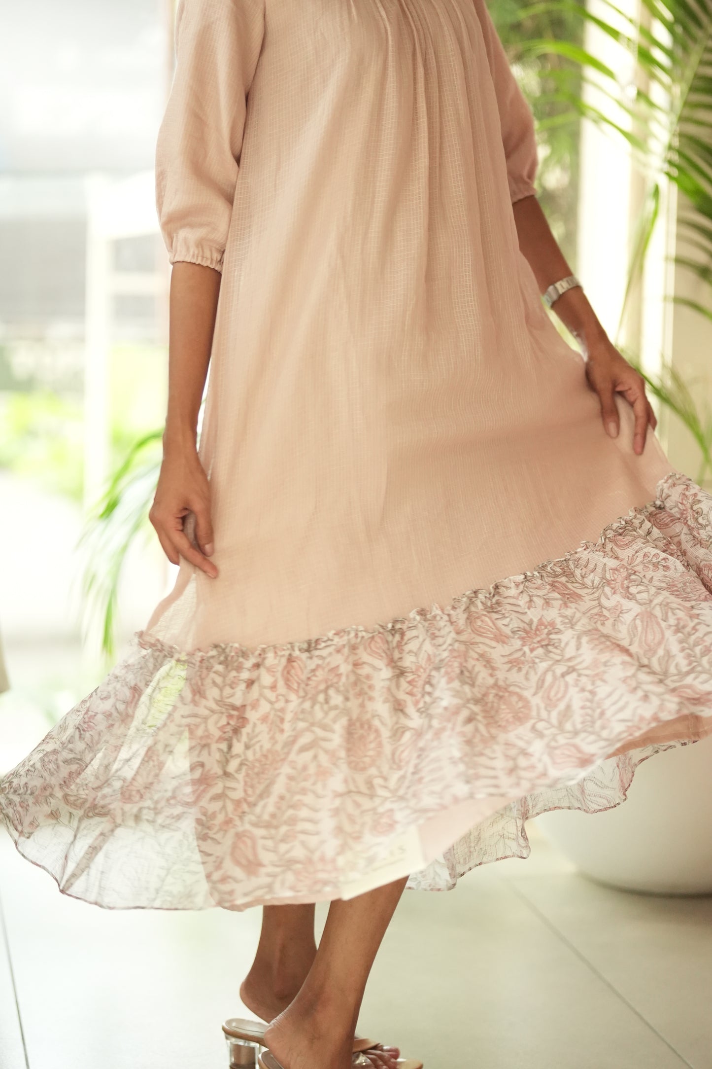 peach colour printed cotta frock