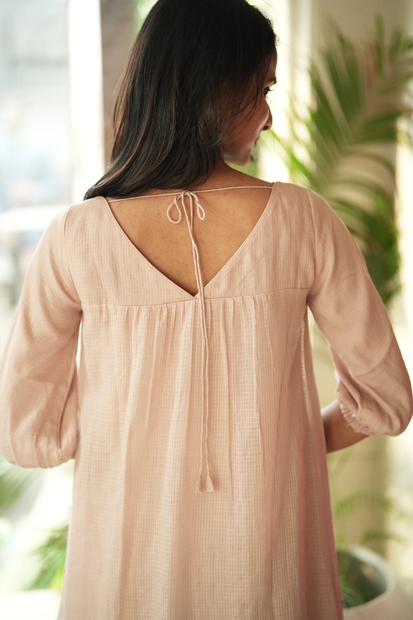 peach colour printed cotta frock
