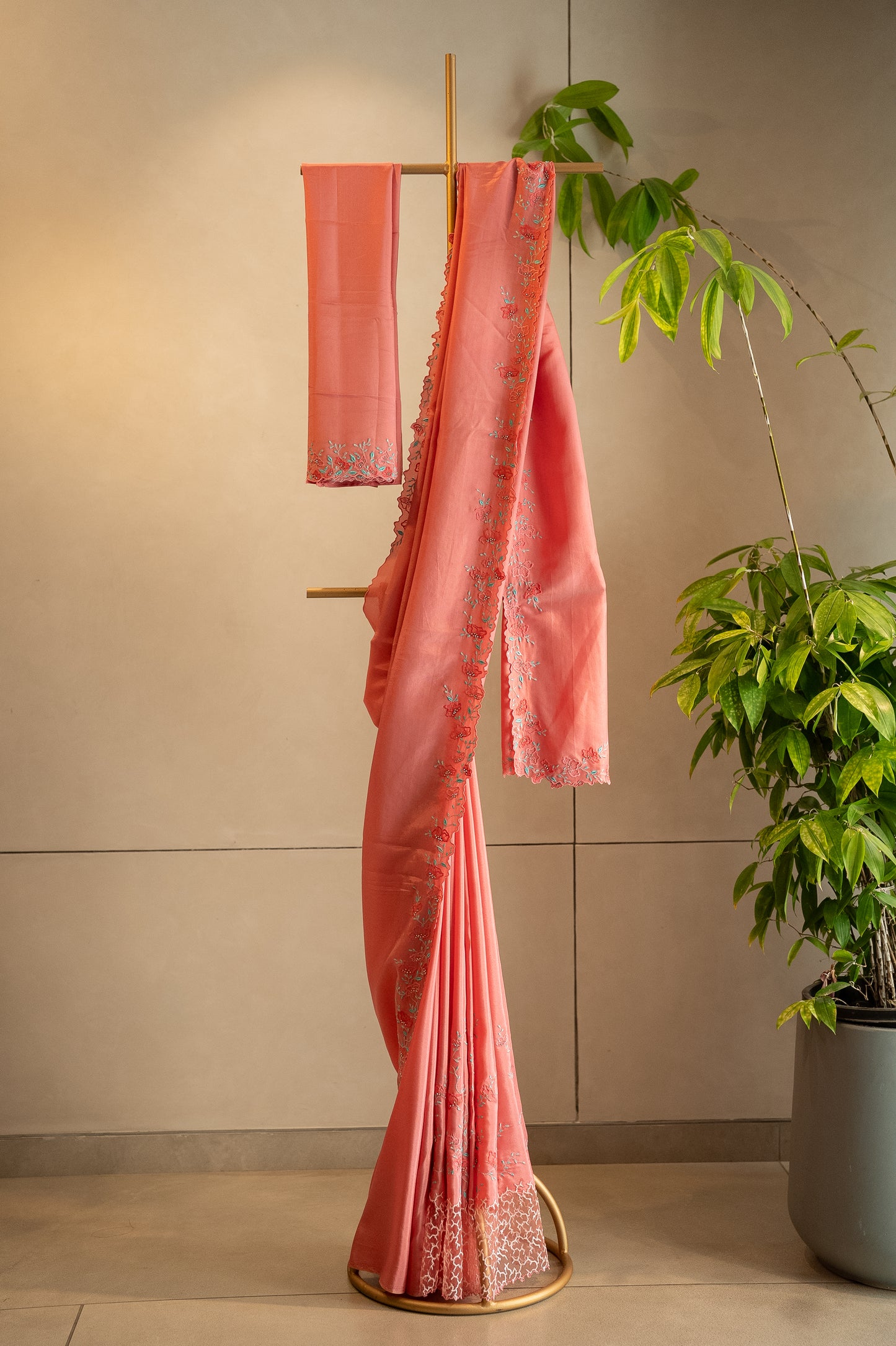 Bright Coral Peach Upada Silk Saree