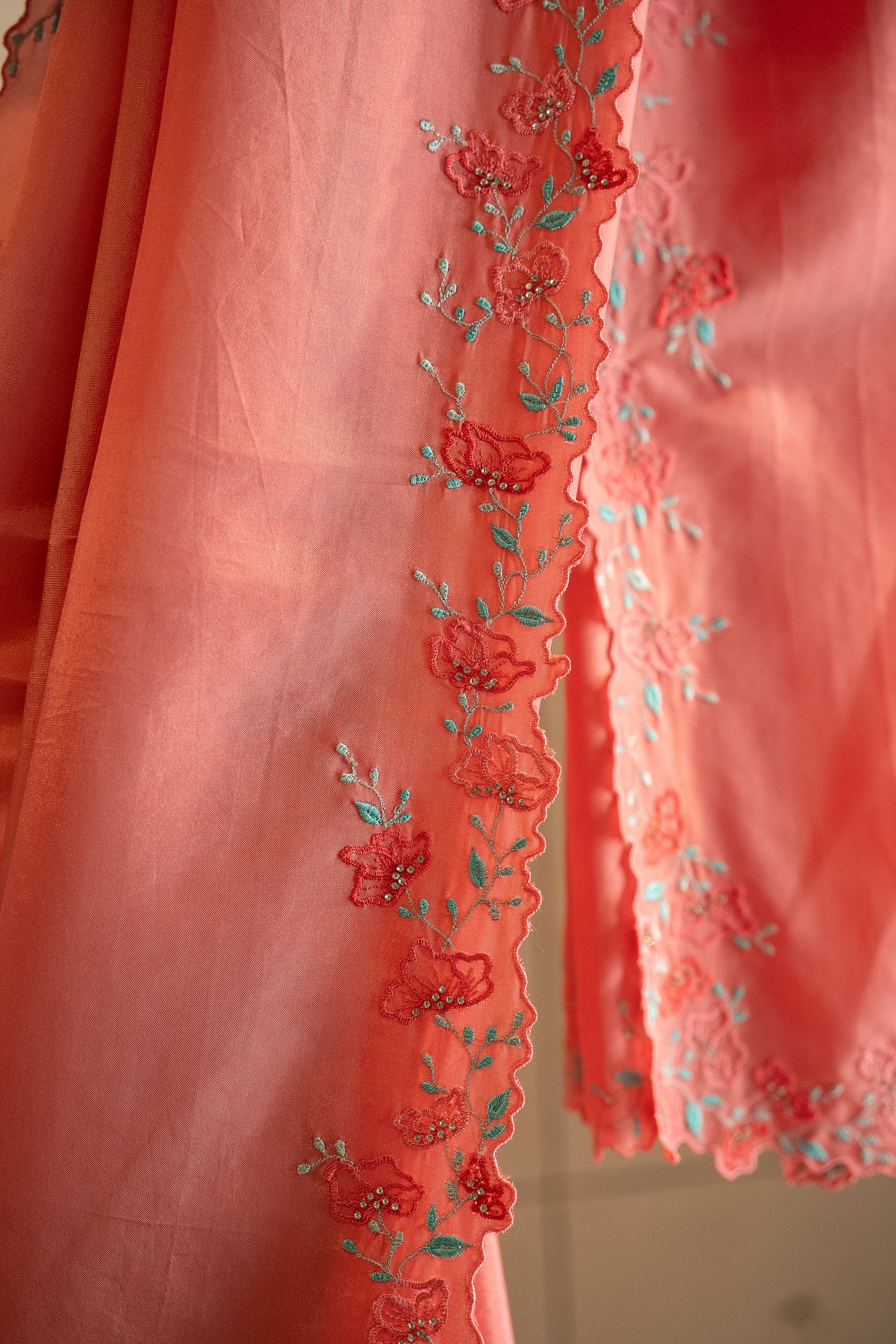 Bright Coral Peach Upada Silk Saree