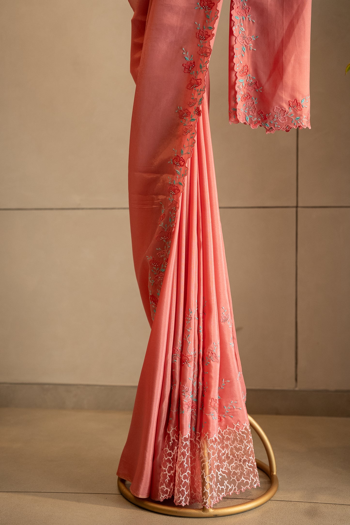 Bright Coral Peach Upada Silk Saree