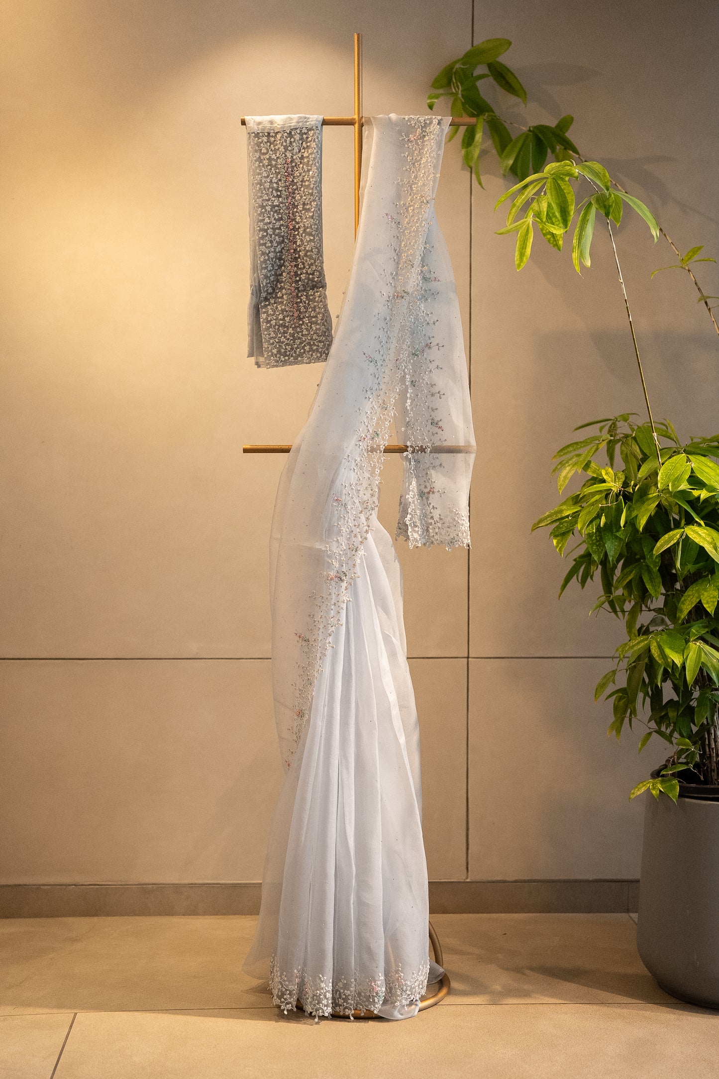 Powder blue pure organza saree