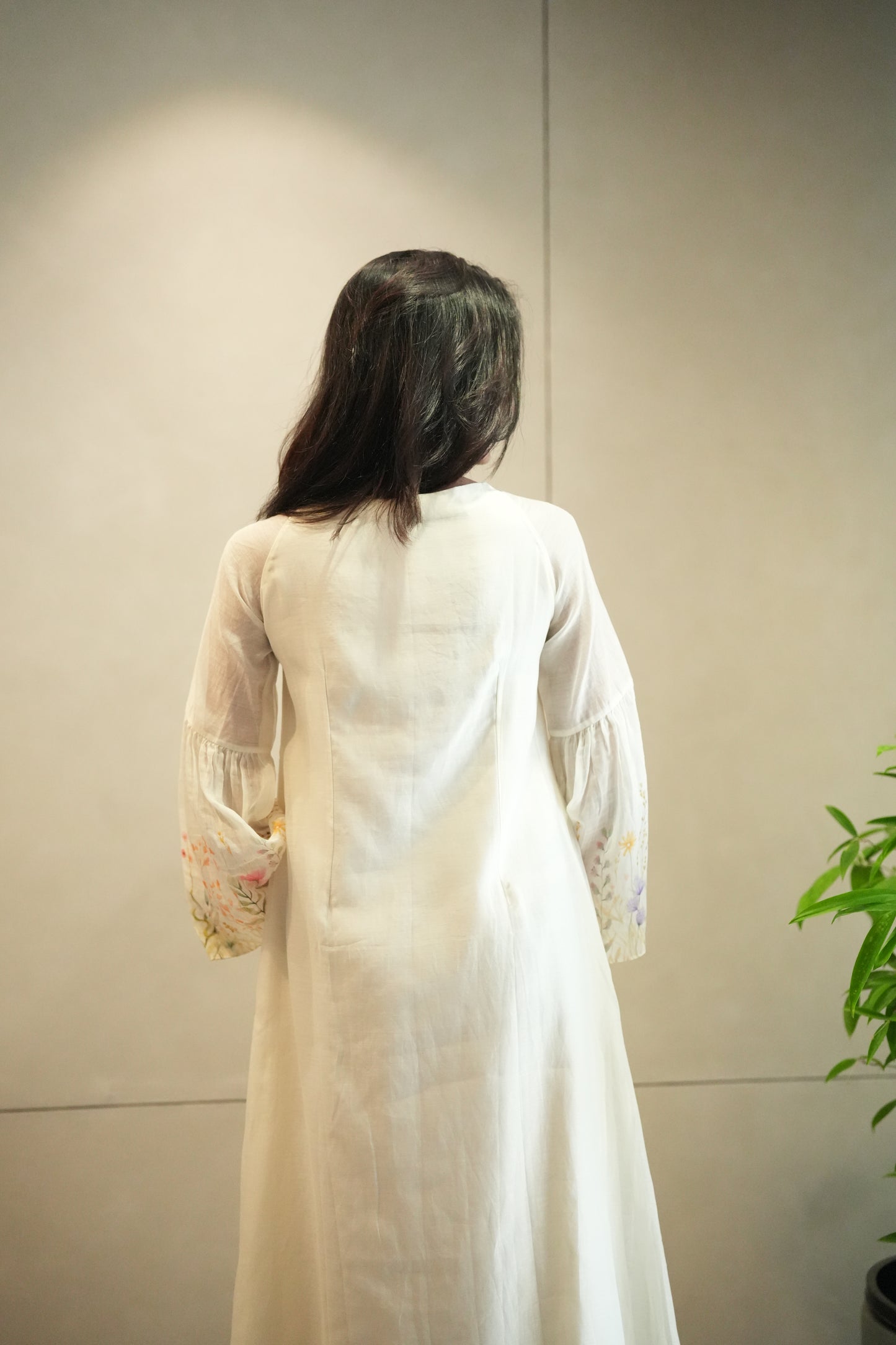 Off white chanderi frock with pink tuck and gathered floral sleeves