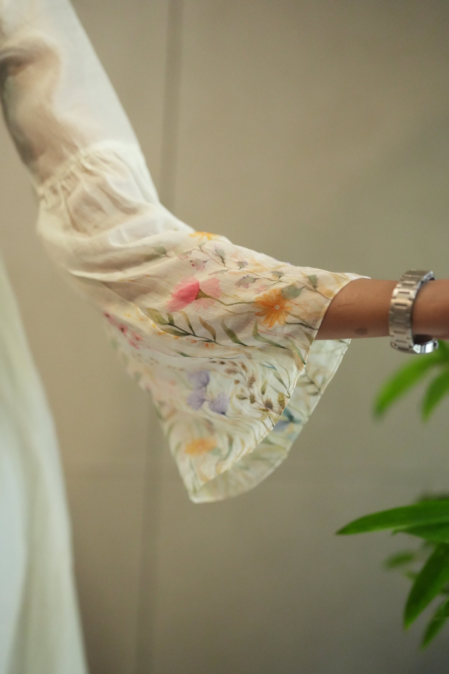 Off white chanderi frock with pink tuck and gathered floral sleeves
