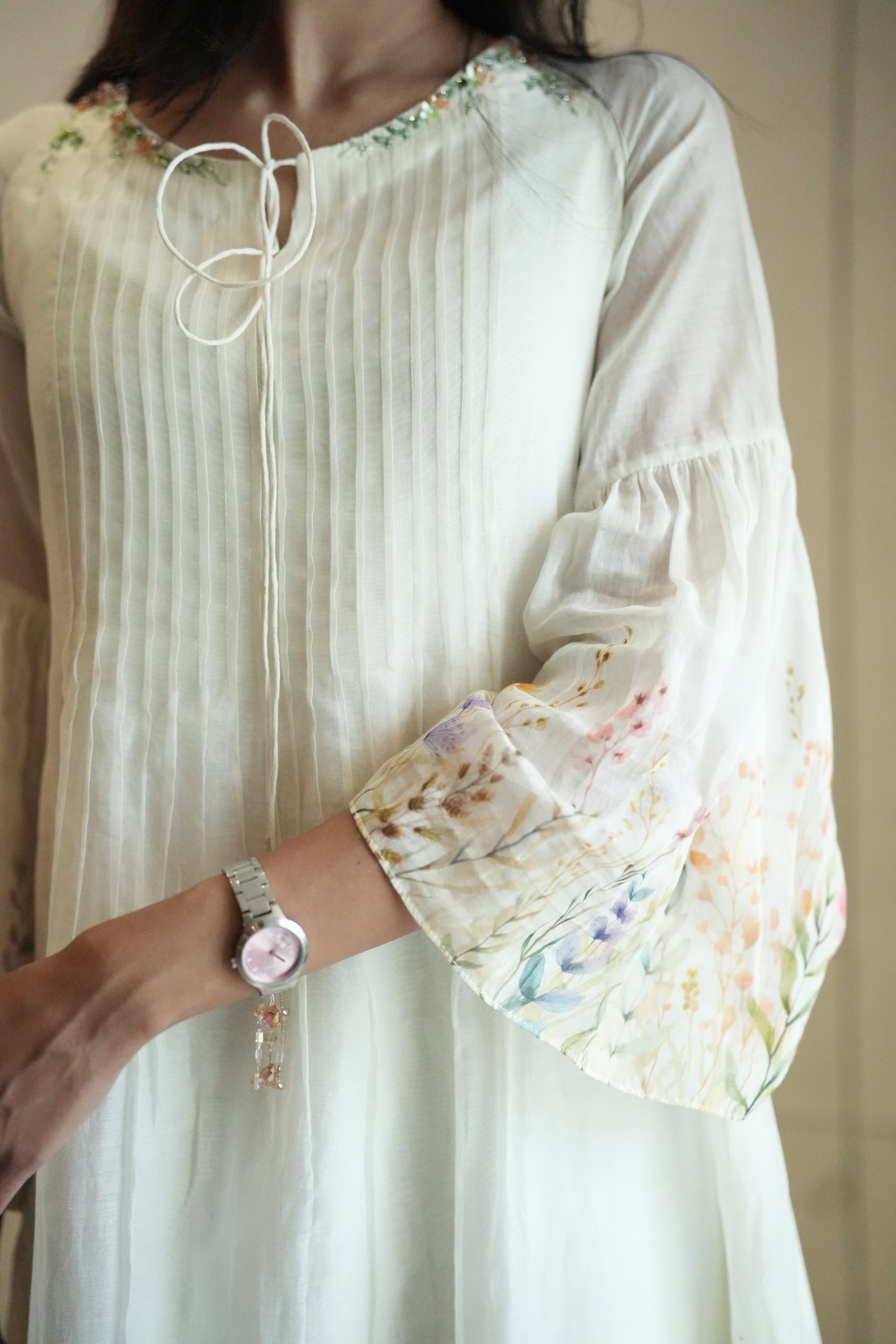 Off white chanderi frock with pink tuck and gathered floral sleeves